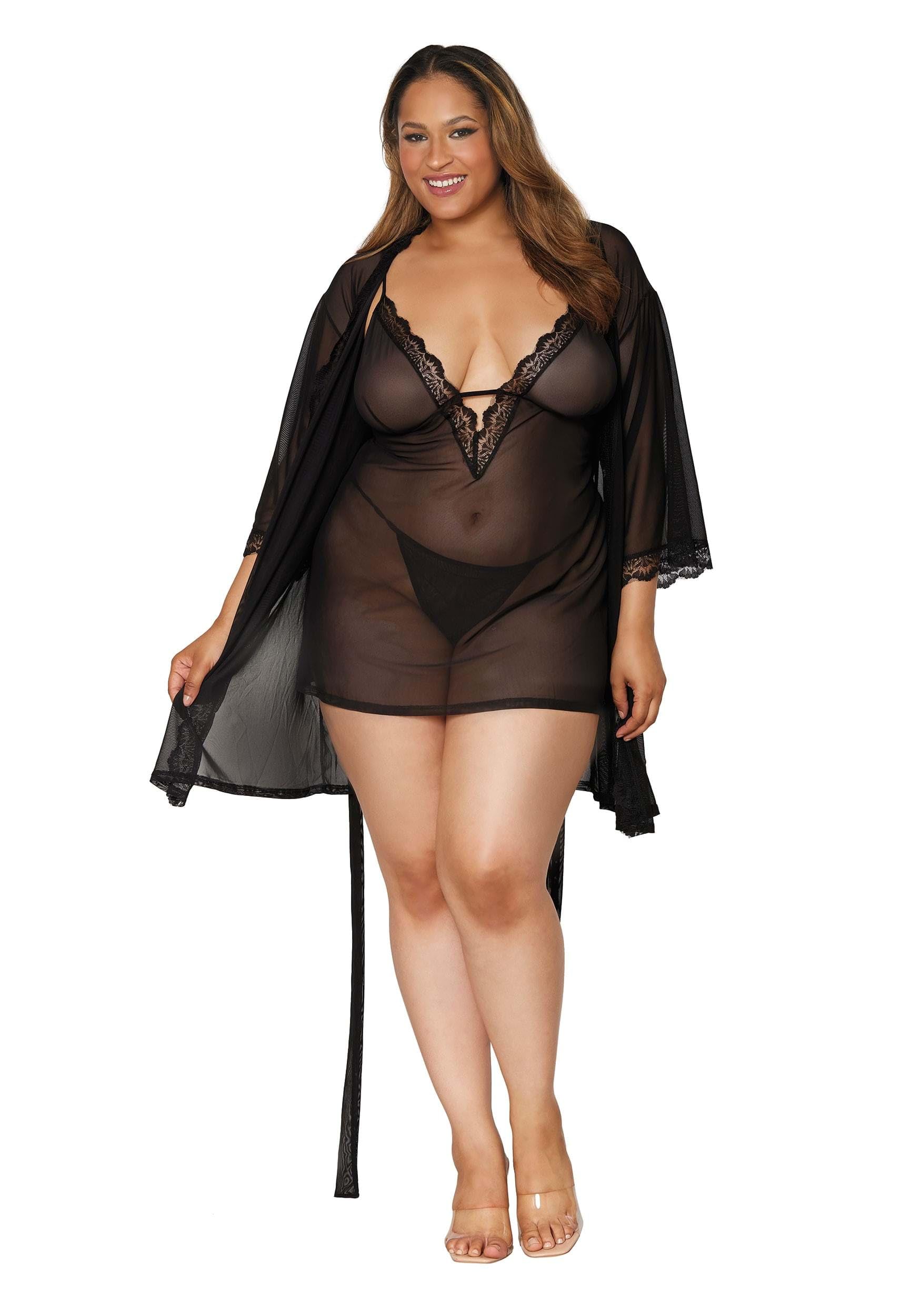 DreamGirl Plus Size Stretch Mesh Chemise & Robe Set Lencería Mujer (Pack de 1)
