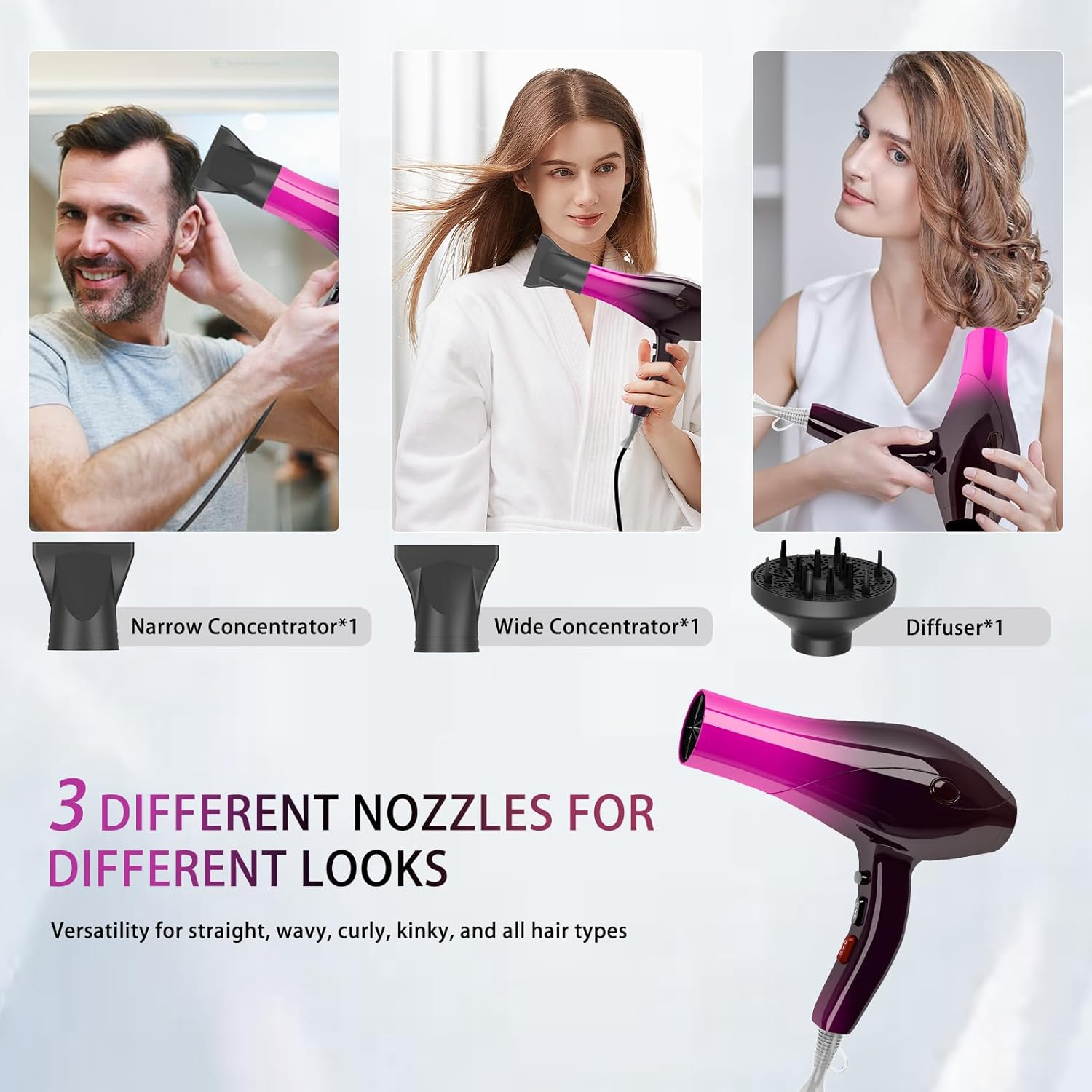 Ionic Hair Dryer,2400W Negative Ion Low Noise Hair Dryer Professional Fast Drying Hair Dryers with 2 Speeds, 3 Heat Settings, Cooling Button,with Diffuser for Curly and Straight Hair（Crimson Fade）