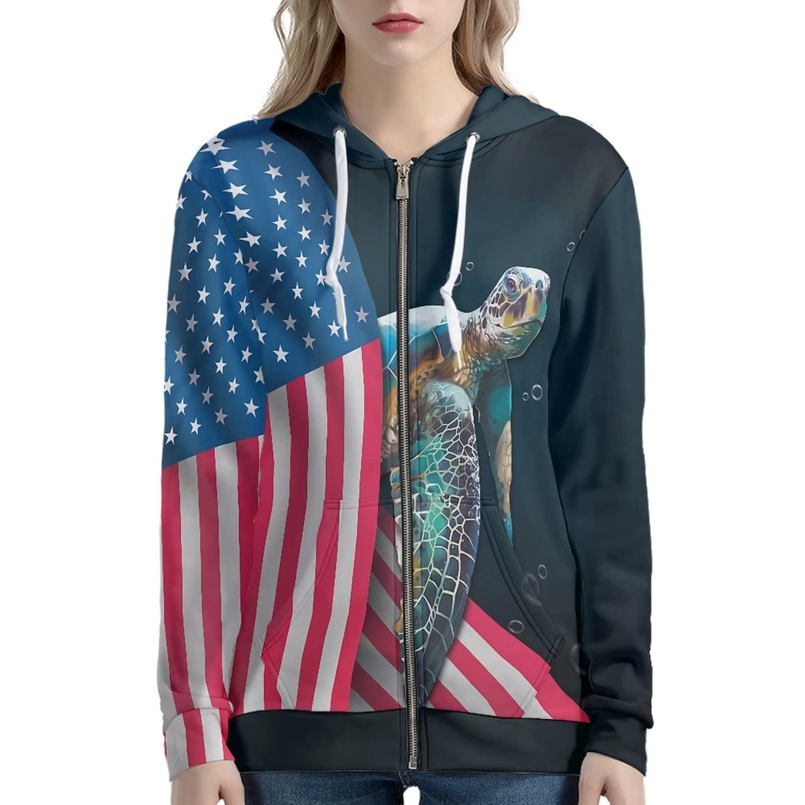 HUIACONG Bluza z kapturem zapinana na zamek błyskawiczny damska bluza z kapturem rozmiar XS-5XL nastolatki sweter, Żółw z flagą amerykańską, M