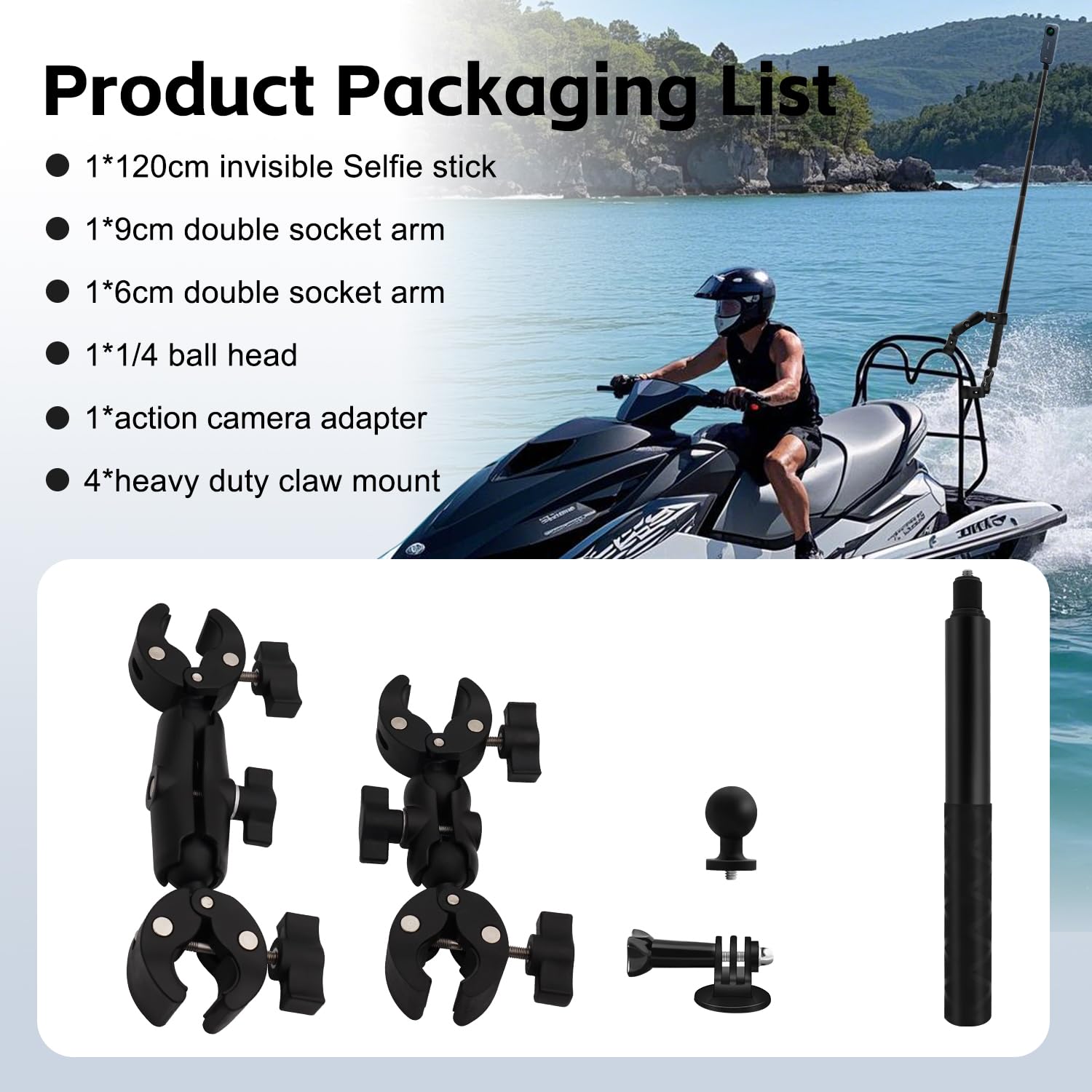 Motocicleta Cámara Monte Kit Compatible con Insta360 X5-X Doble Abrazadera Monte con 47" Invisible Palo con Osmo 360 Osmo Nano,Motocicleta Bicicleta Manillar Montar Compatible con GoPro 12-3