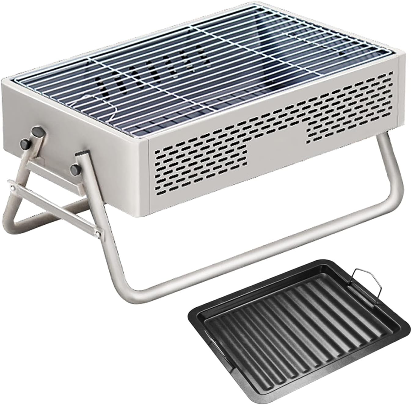 Portable Charcoal Grill Stainless Steel Folding Outdoor BBQ Compact Foldable Grill Tabletop Outdoor Grill for Outdoor Camping Hunting Trip Picnics Fishing BBQ B White