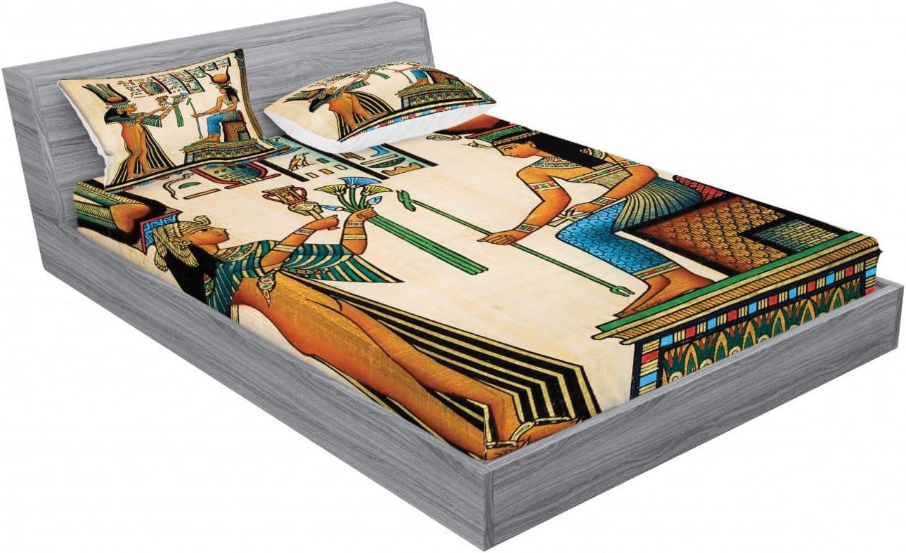 Ambesonne Egyptian 2 Pack Fitted Sheet & Pillow Sham Set, Old Egyptian Papyrus, 4 Pcs Bedding Decor, Package Contains 2 Full Size Fitted Sheets & 4 Pillow Covers, Multicolor