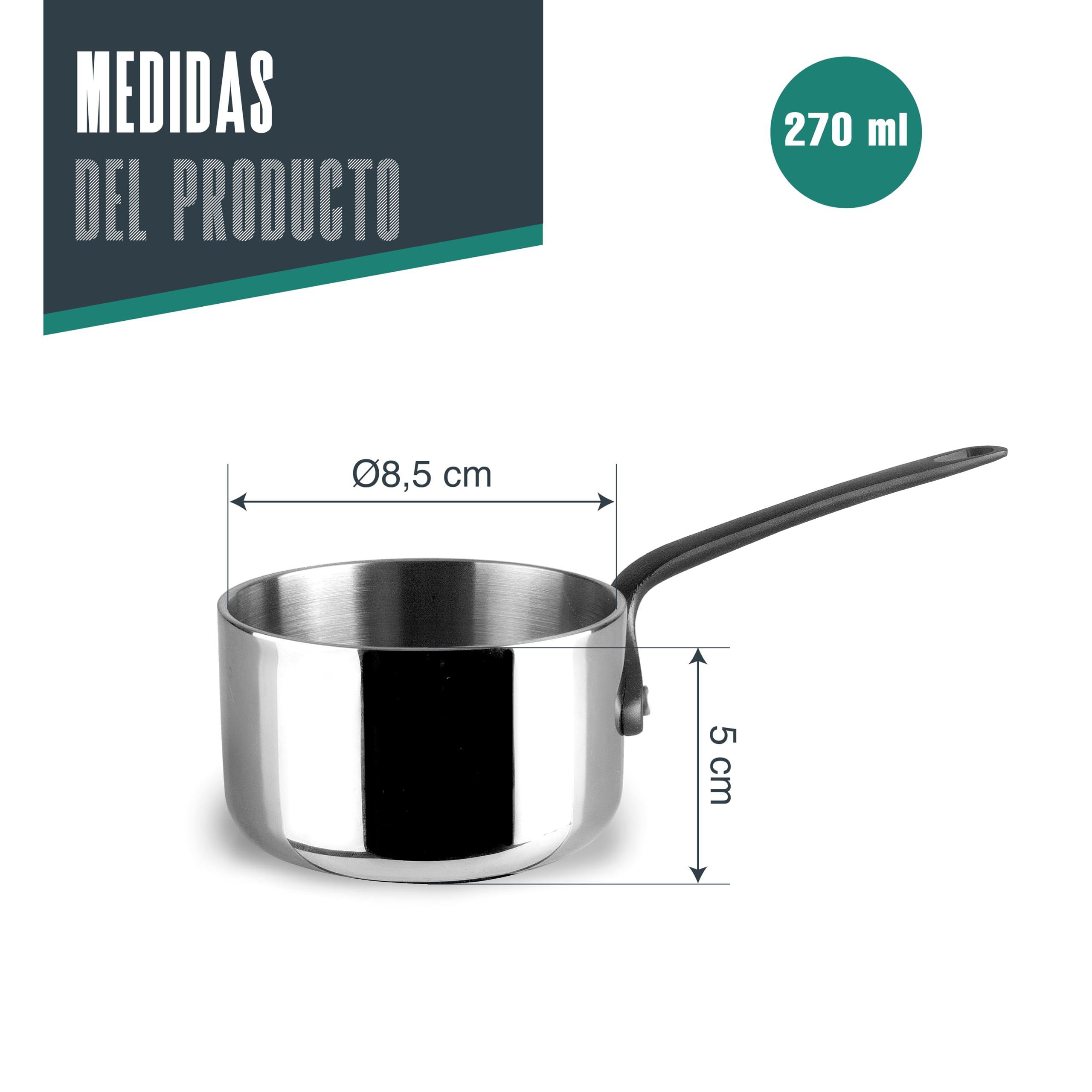 Lacor - 61144 - Mini Cazo Trimetal, Acero Inoxidable 18/10, Diámetro 8,5 cm, 270 ml, Núcleo de Aluminio, Mango Ergonómico con Recubrimiento PVD Titanio, Elegante y Funcional