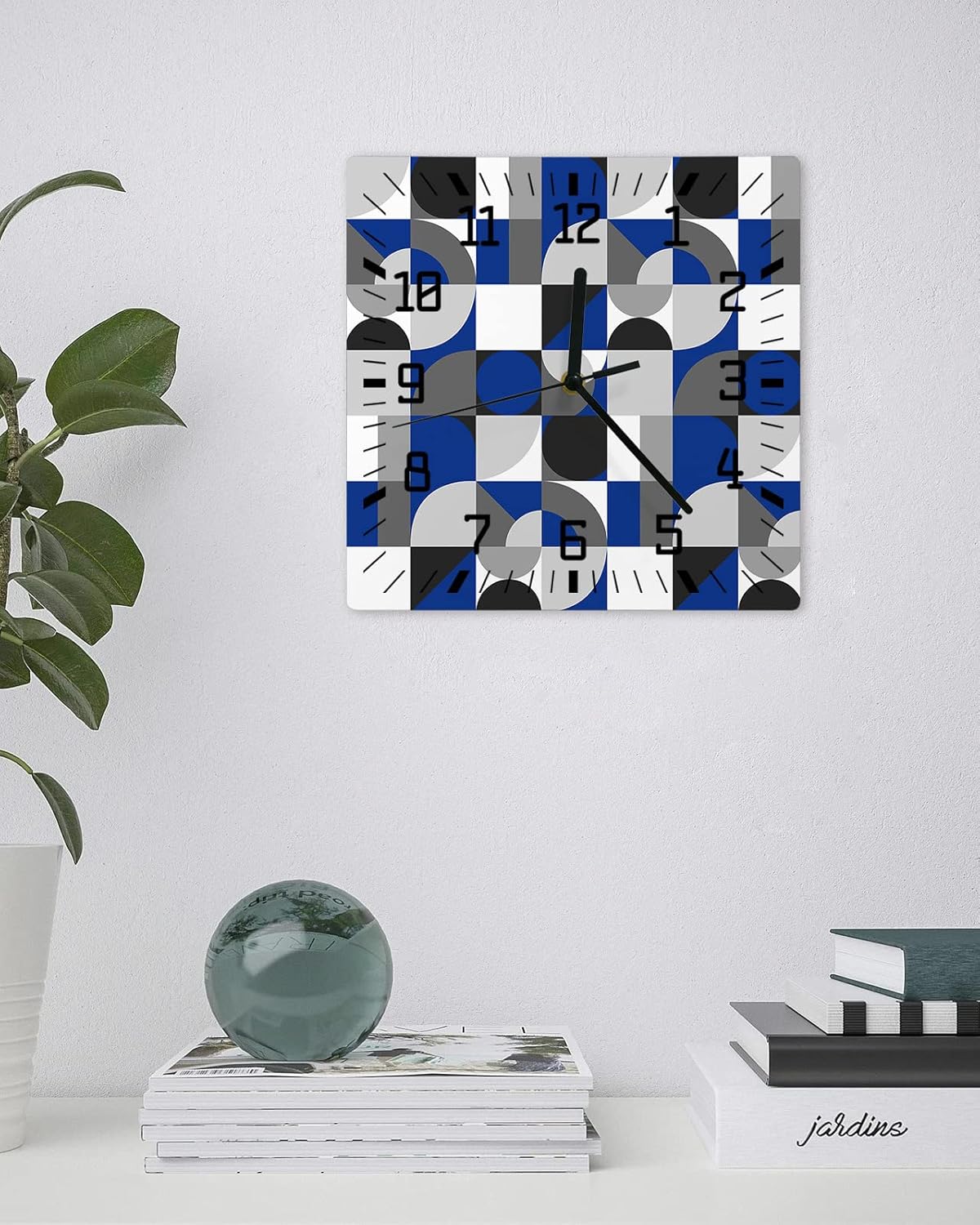 Wall Clock Wooden Wall Clocks Mid Century Navy Blue Grey Abstract Retro Geometric Modern 12 Inch Silent Non Ticking Wall Clock Quartz Battery Operated Square Clock for Living Room Bedroom Decorative