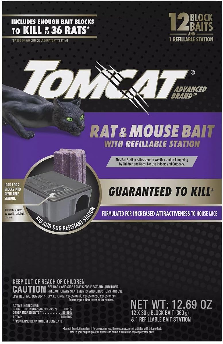 Advanced Brand Rat & Mouse Bait with Refillable Station, 12 Baits | Indoor and Outdoor Use, 1 Station and 12 Bait Block Refills