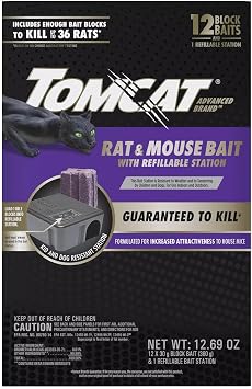 Tomcat Advanced Brand Rat & Mouse Bait with Refillable Station, Indoor and Outdoor Use, 1 Station and 12 Bait Block Refills
