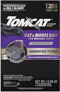 Tomcat Advanced Brand Rat & Mouse Bait with Refillable Station, Indoor and Outdoor Use, 1 Station and 12 Bait Block Refills