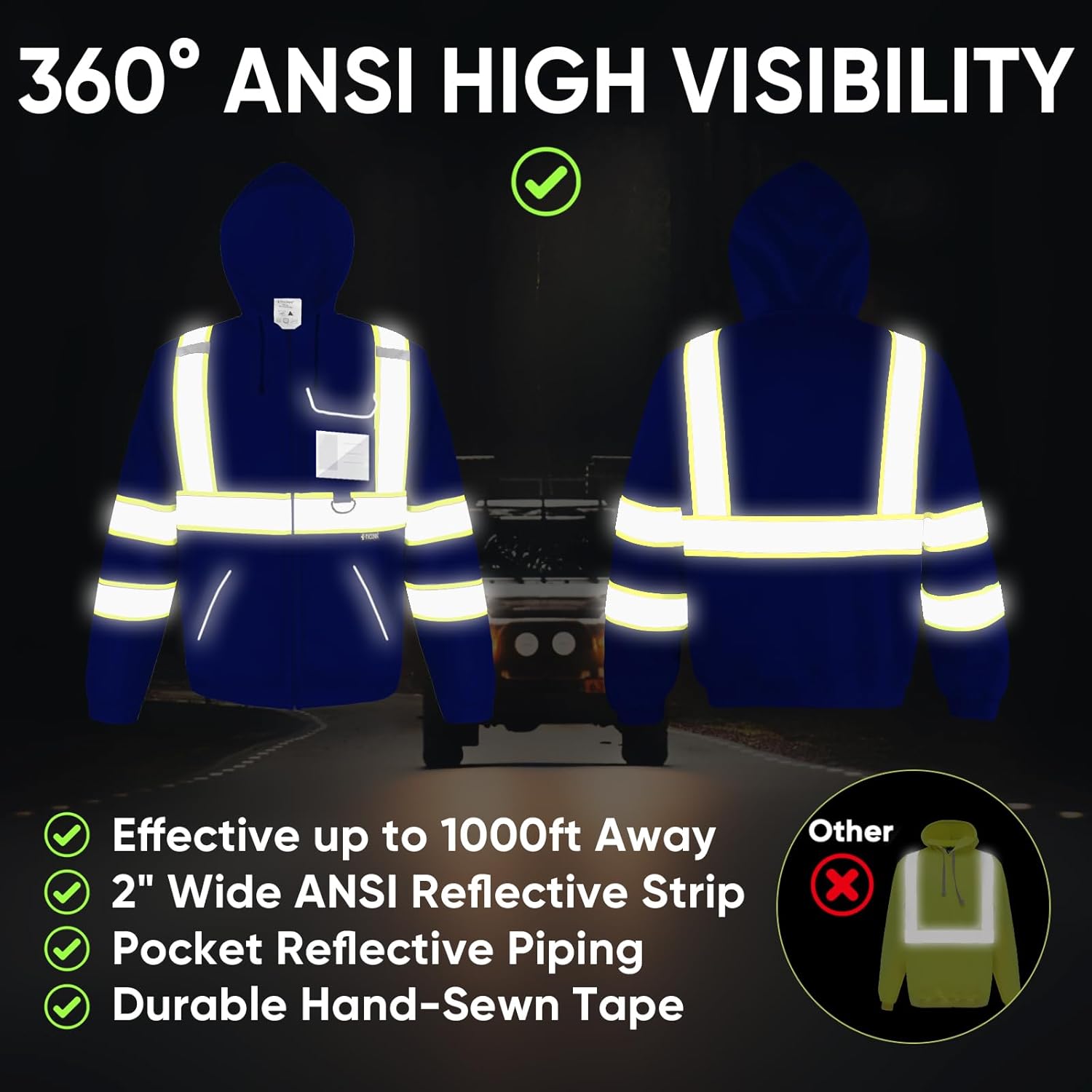TICONN Safety Hoodie Jacket, High Vis Reflective Safety Fleece Hoodie, PPE Gear for Cold Weather Meet ANSI III - Image 2