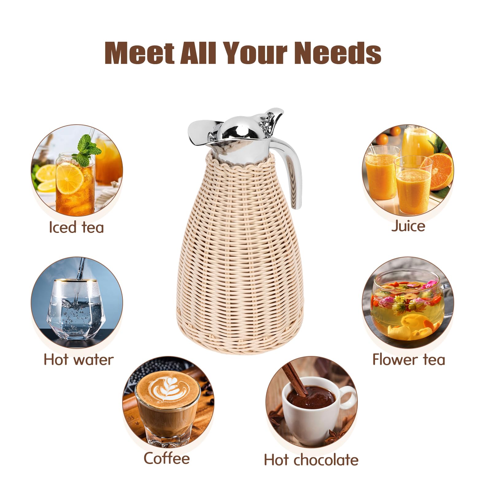Jenngaoo Caraffa Termica in Acciaio Inossidabile intrecciato con Corpo in Rattan, Capacità 1.5 Litri, 3 Strati Isolanti, Mantenimento Caldo 12 Ore e Freddo 24 Ore, per Casa o Uffic (Beige)
