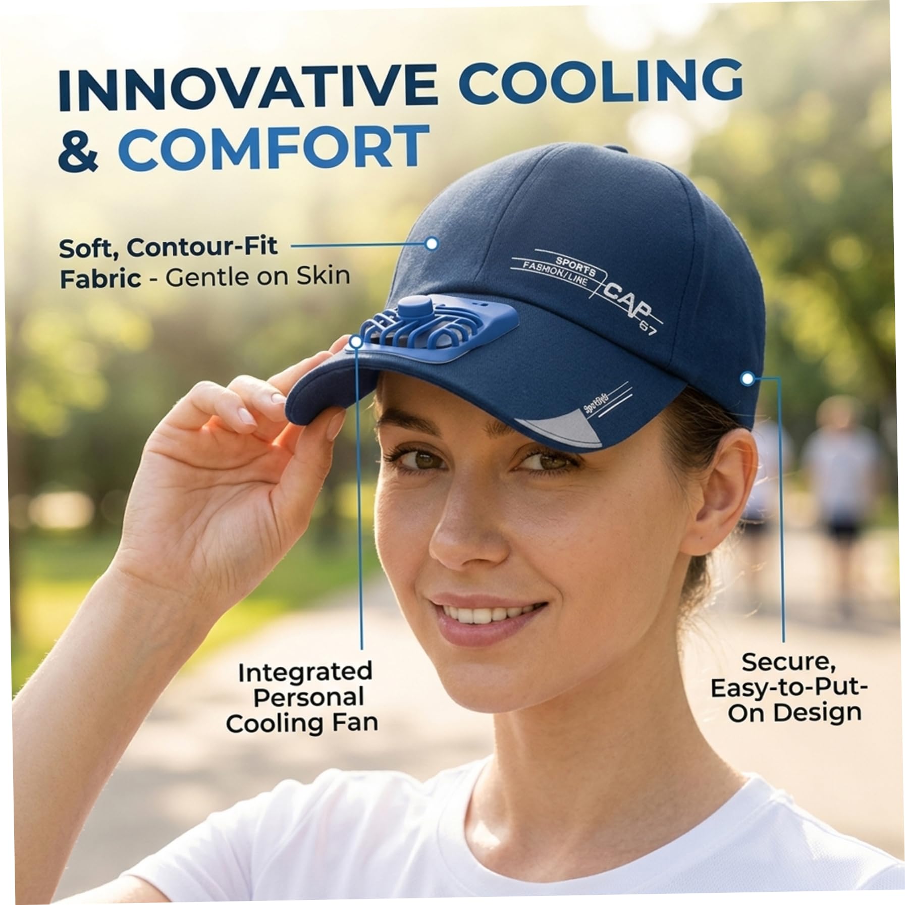 Casquette avec ventilateur intégré pour l'extérieur casquette rafraîchissante avec flux d'air puissant de baseball de protection solaire pour l'été les voyages et le sport (bleu).