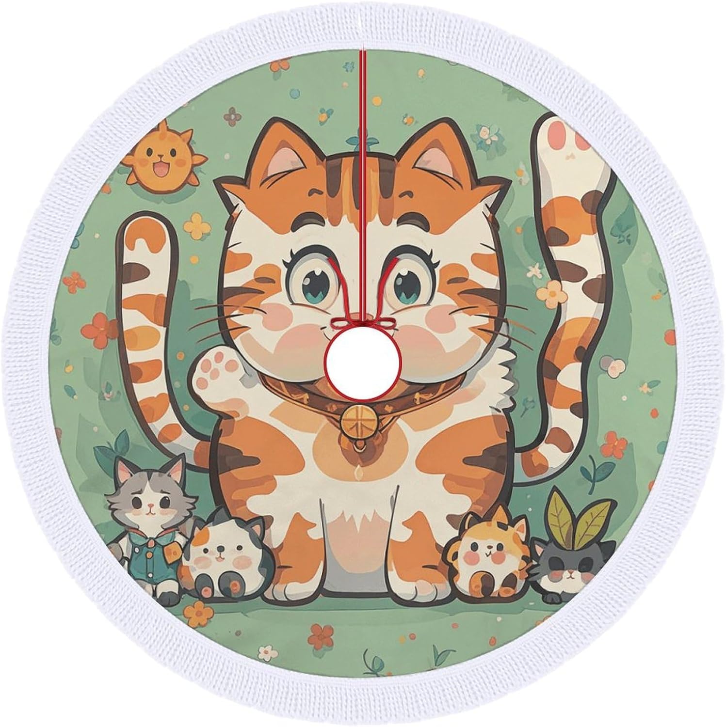 Christmas Tree Skirt Xmas Tree Skirt Decor Mats Many Cartoon Cat Printed Christmas Decorations for Xmas Holiday Indoor Party Outdoor Decorations with Tassels