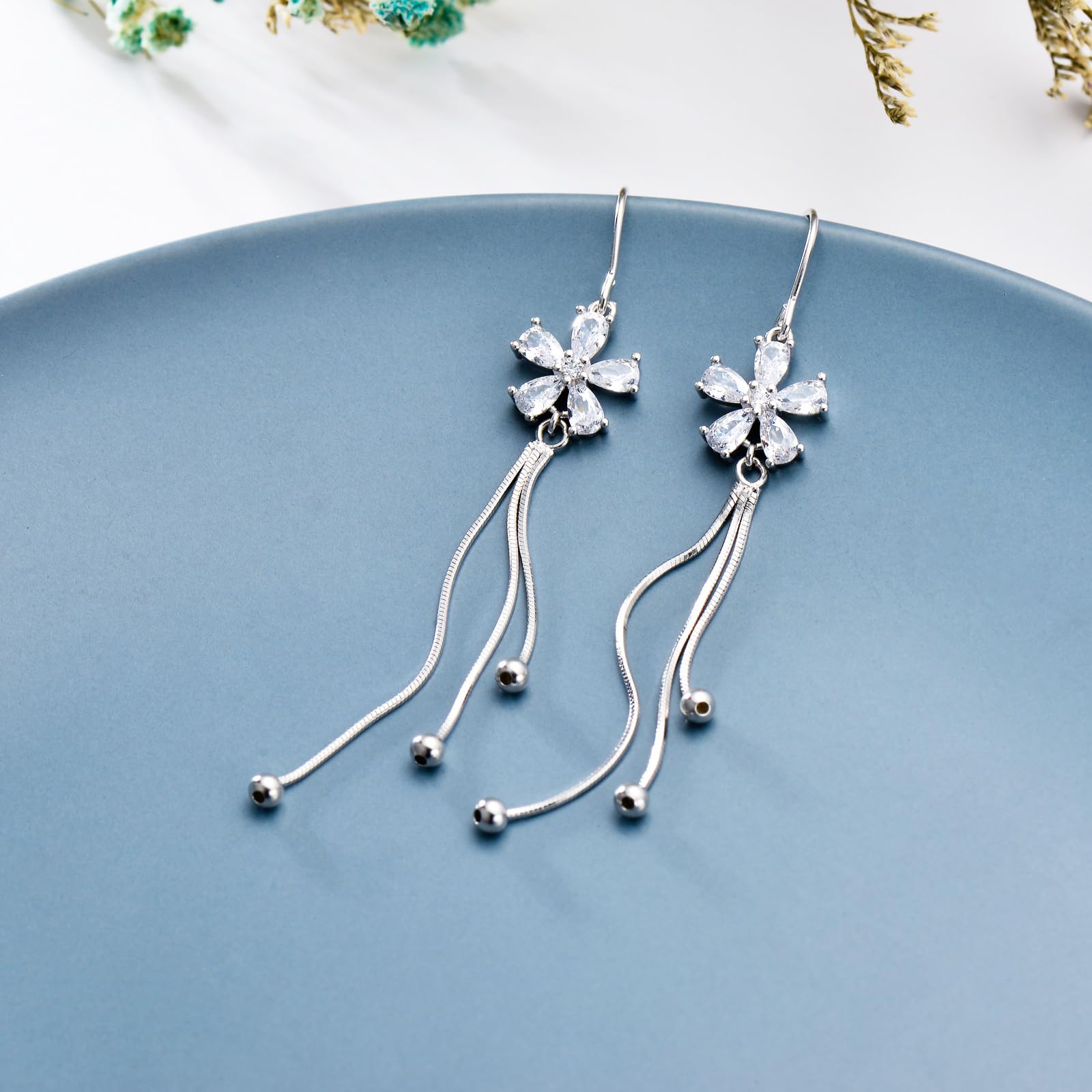 Pendientes largos de plata de ley 925 con borla de flor, joyería de regalo para mujeres y niñas
