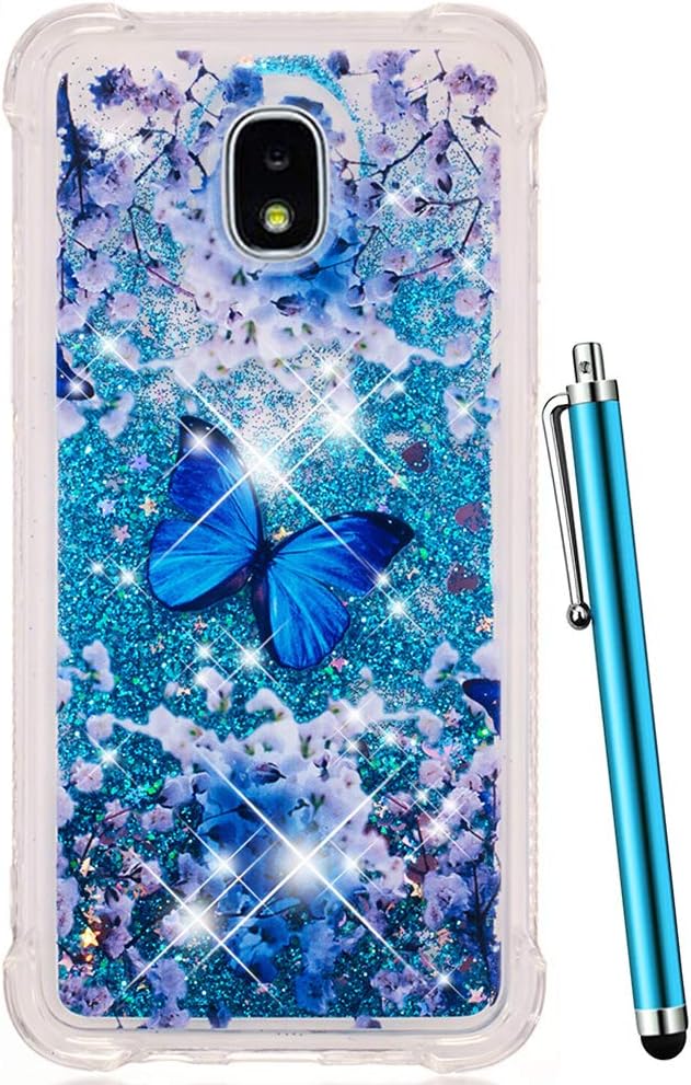 for Samsung Galaxy J7 Refine Case,J7 2018/ Top/Crown/Aero/Aura/Eon/Star Glitter Sparkle Liquid Bling Quicksand Clear TPU Cover Luxury Cute Women Men Shockproof -Blue Butterfly