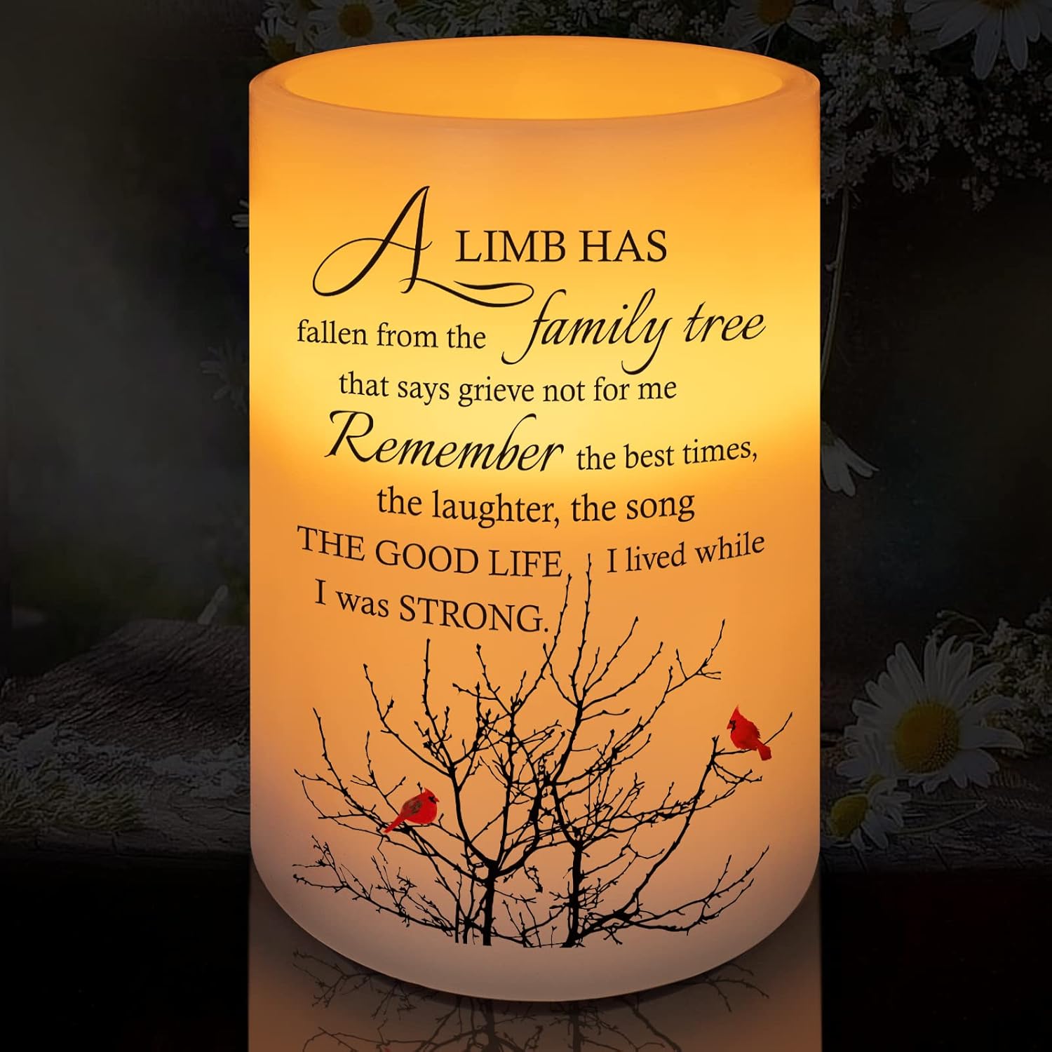 HAIINAA Sympathy Memorial Candle - Realistic Wax Flameless LED Gift with Poetic Words, Lilies Print, 6H Timer, Pet & Child Safe
