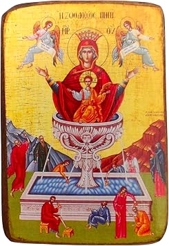 Wooden Greek Christian Orthodox Icon of Zoodochos Pigi Life-Giving Spring Handmade Religious Wood Icon 3.5x2.7 in / 9x7 cm / A0