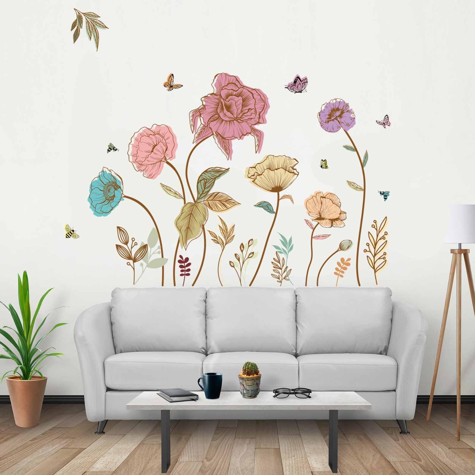 PinkElephยฎ Watercolor Flower Wall Decals - Colorful Wildflower Floral Wall Stickers - Living Room Bedroom TV Sofa Background Family - Peel and Stick Wall Decal