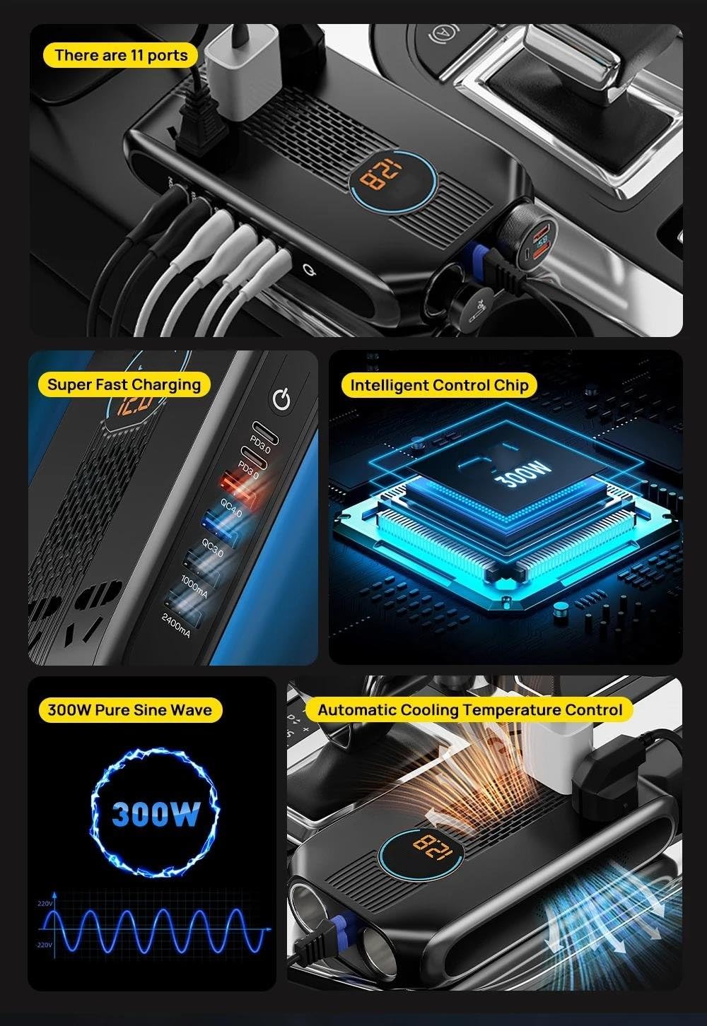 Inversor De 300W 12v 220v Sinus Multi USB C QC4.0 PD3. Carga Rápida Encendedor Divisor Portátil Cargador Coche Transformador Inversor Onda Pura