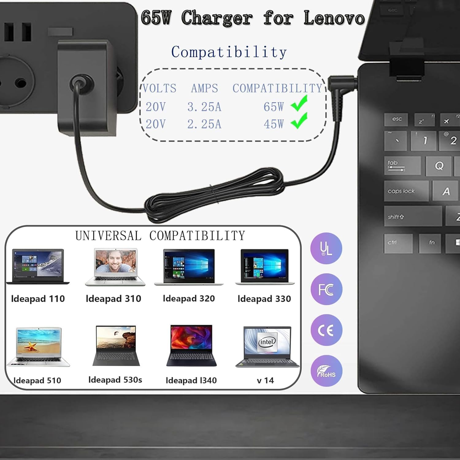 65W 20V 3.25A Adapter Charger for Lenovo IdeaPad 100S,110,120,120S,130,310,320,330,510S,510,530S,S145 S340,B50-10,B50-50,Yoga 510,310,710,Flex 4 5 6 Series,Air 12/13/15 CA Plug - Image 7