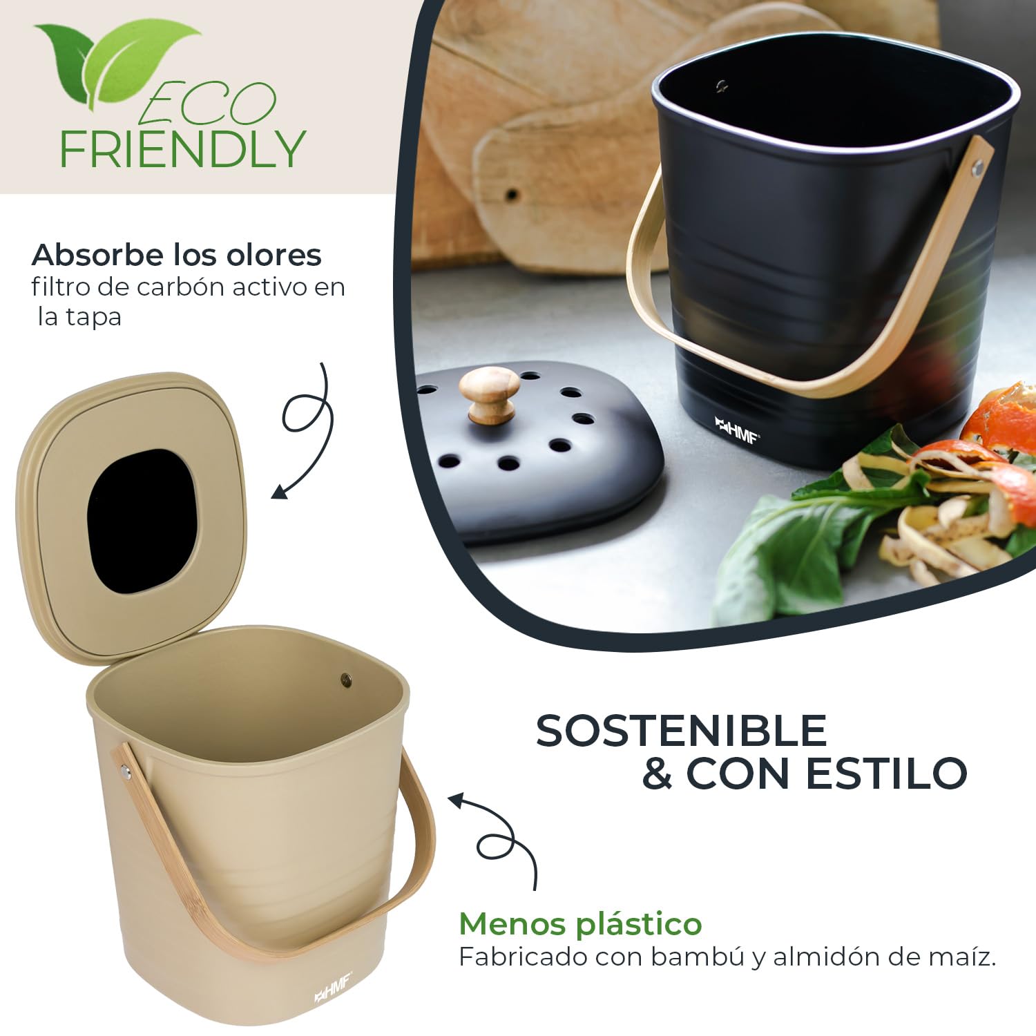 HMF Cubo de basura orgánico sostenible para cocina, 3 L, color beige (fibra de bambú, almidón de maíz)