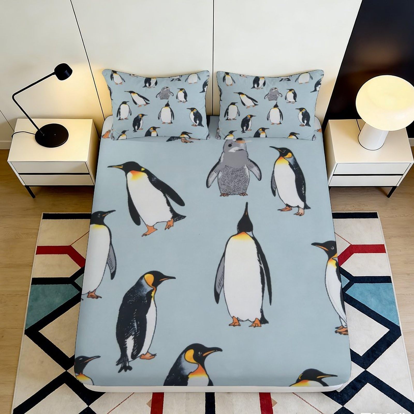 3D Printed Penguin Pattern Fitted Sheet Microfiber Soft Blue Cartoon Animal Mattress Cover for Bedroom Dorm Room Apartment Decor 90x200x25cm