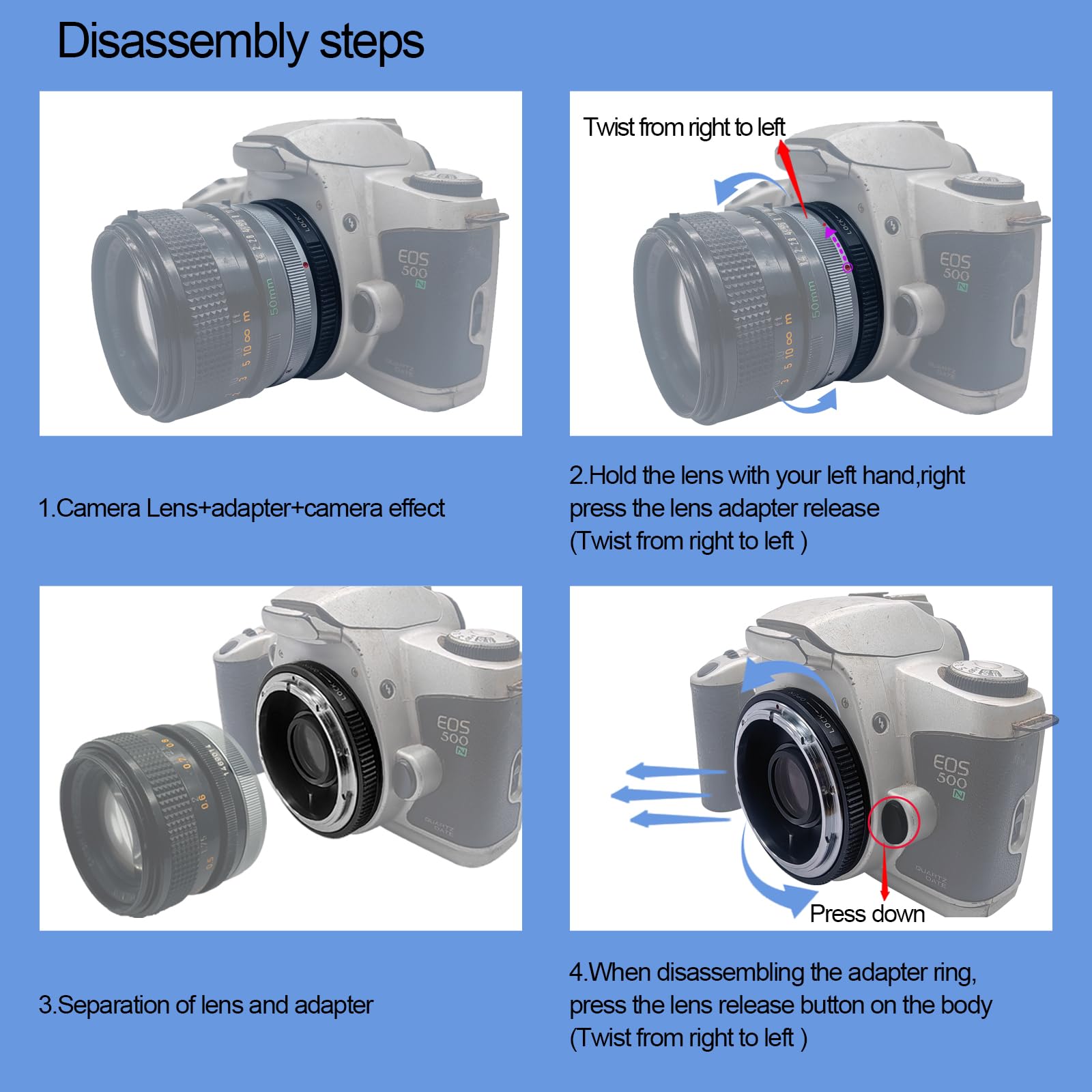 FD-EOS Adattatore per obiettivo per obiettivo Canon (FD/FL), compatibile con fotocamera EOS EF-S Mount 7D,10D,20D,30D, 40D,50D,60D, Rebel xt,T2i,T3,T3i,T4,400D,450D,1300D