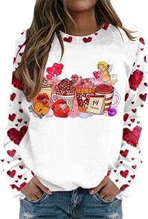 MUDUH Fashion Tops For Womens Valentine Day Print O Neck Sweatshirt Round Neck Fit Pullover Tops Casual Long Sleeve Workout Shirts Loose Blouse Alien Hoodies Women