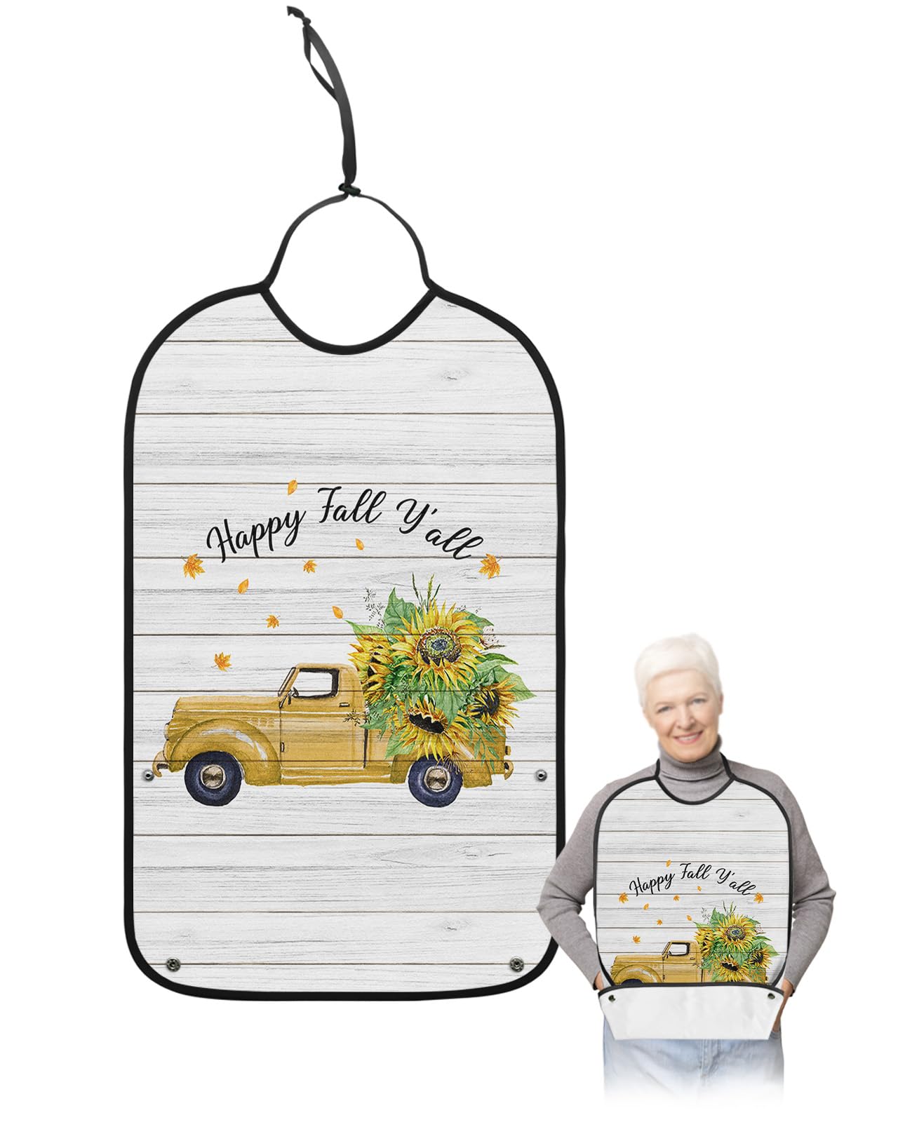 Sunflower Truck Adult Bibs for Eating, Waterproof Bibs with Food Catcher & Adjustable Snap Closure, Yellow Fall Floral Maple Leaf Rustic Washable Clothing Protectors Adult Bibs for Elderly Women/Men