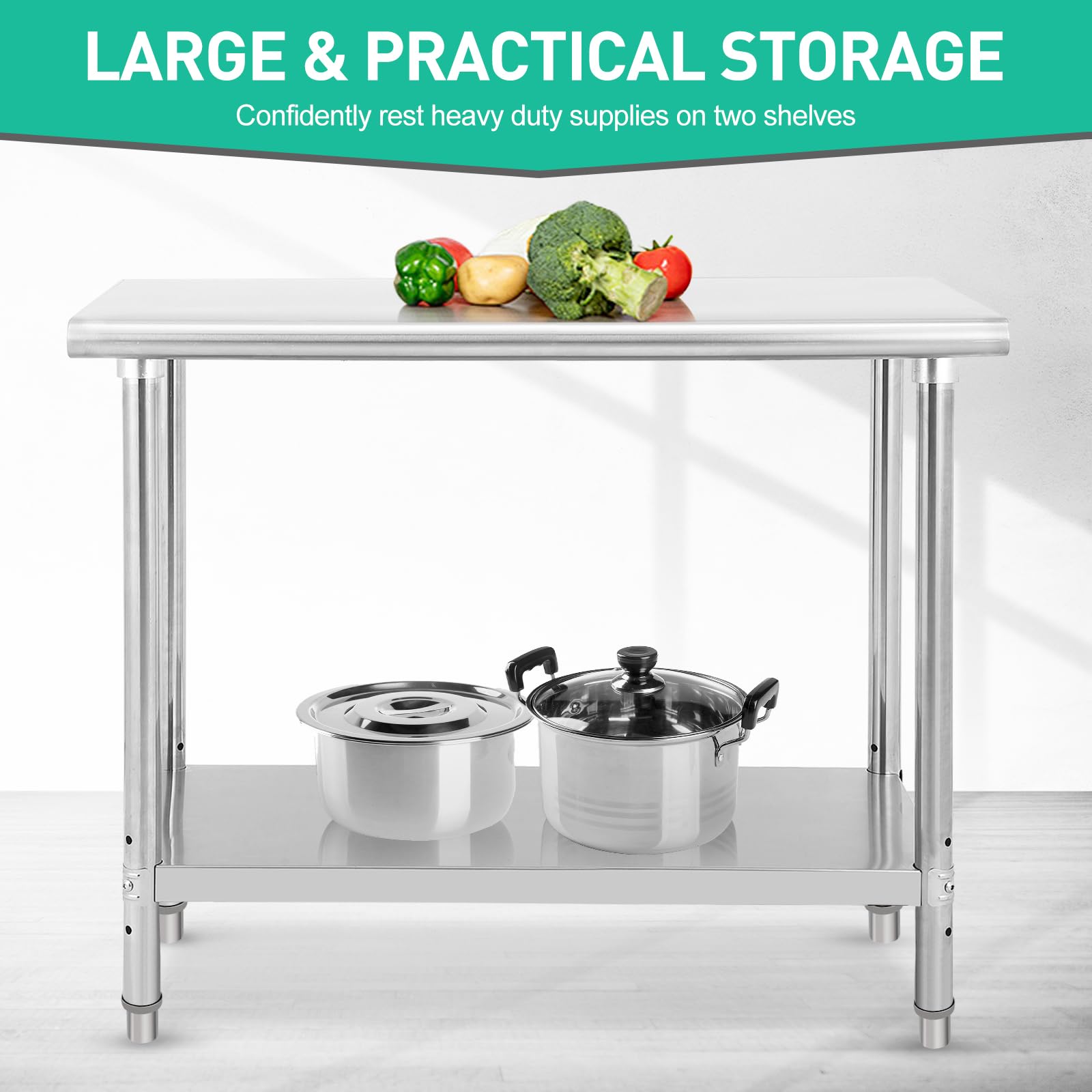 Mesa de preparación de catering de acero inoxidable resistente, estante inferior ajustable y ruedas, 48 x 30 x 35 pulgadas, ideal para restaurantes, catering, talleres y cocinas domésticas