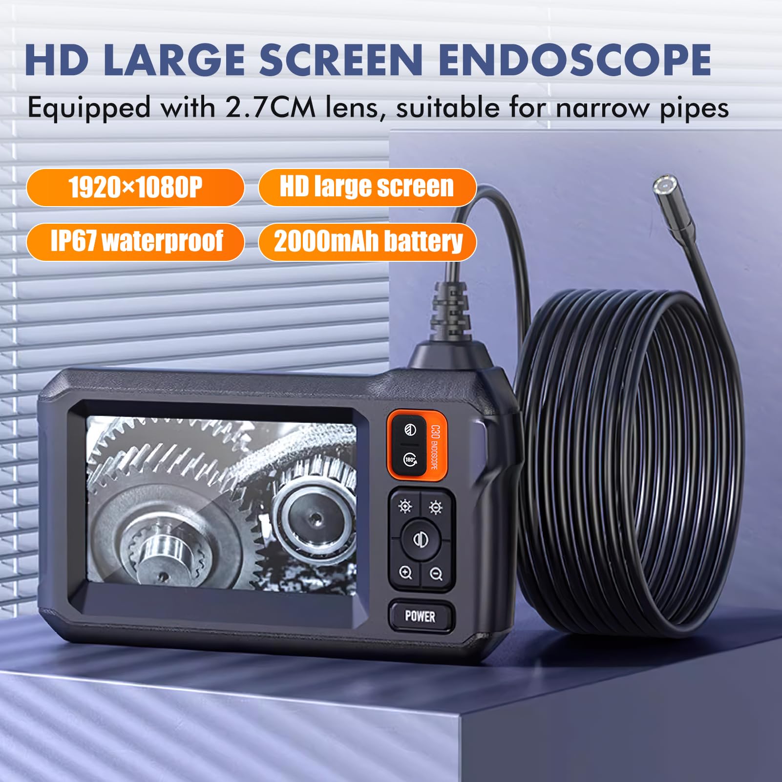 Endoskopkamera mit Bildschirm, 4.3 Zoll 1080P HD Inspektionskamera IP67 Wasserdicht, 5m Borescope mit LED Licht für Auto Rohr Motor Industrie