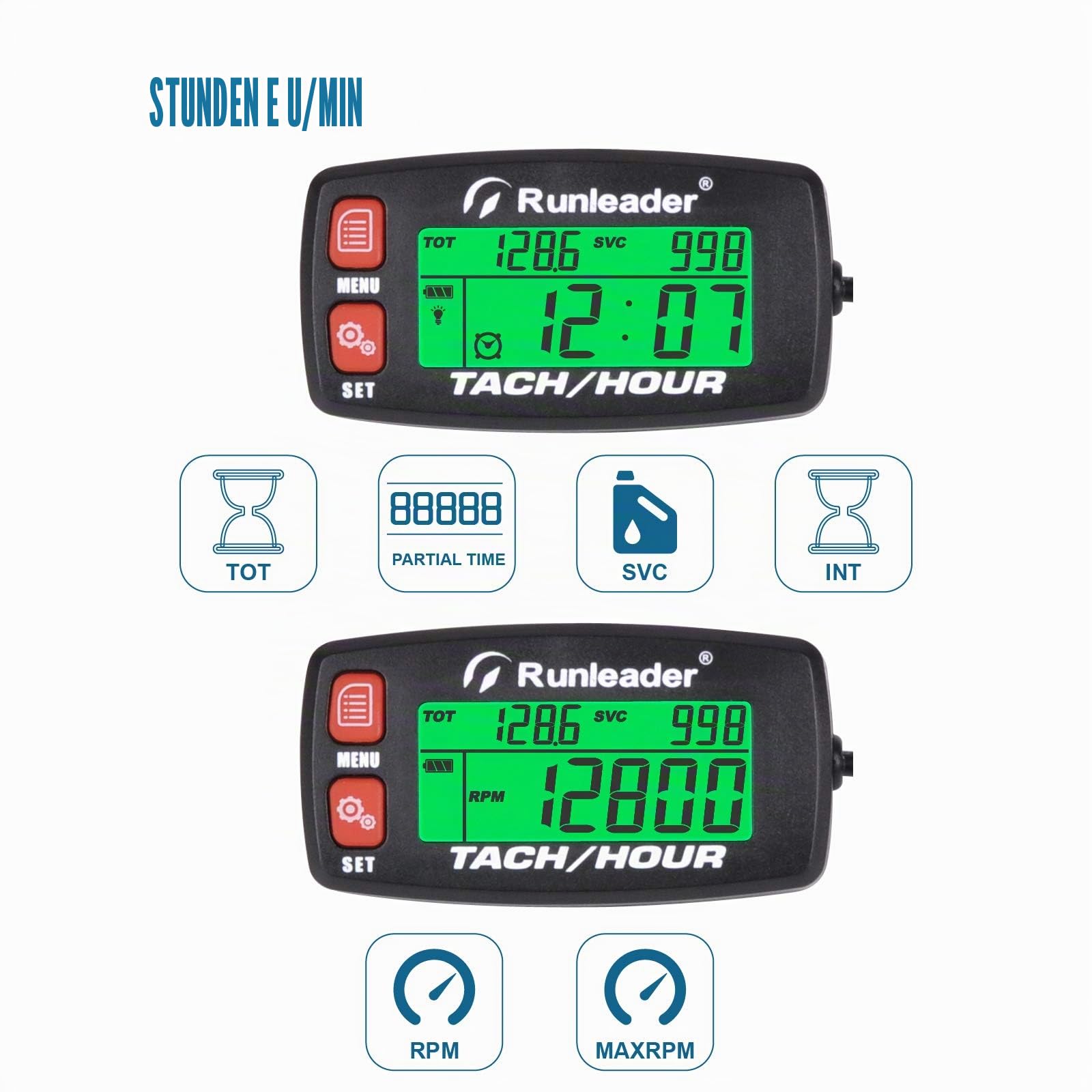 Runleader Digitaler Gasmotor-Drehzahlmesser, Stunden- und Drehzahlaufzeichnung, Betriebsstundenzähler mit Hintergrundbeleuchtung, Batterie austauschbar für Aufsitzmäher