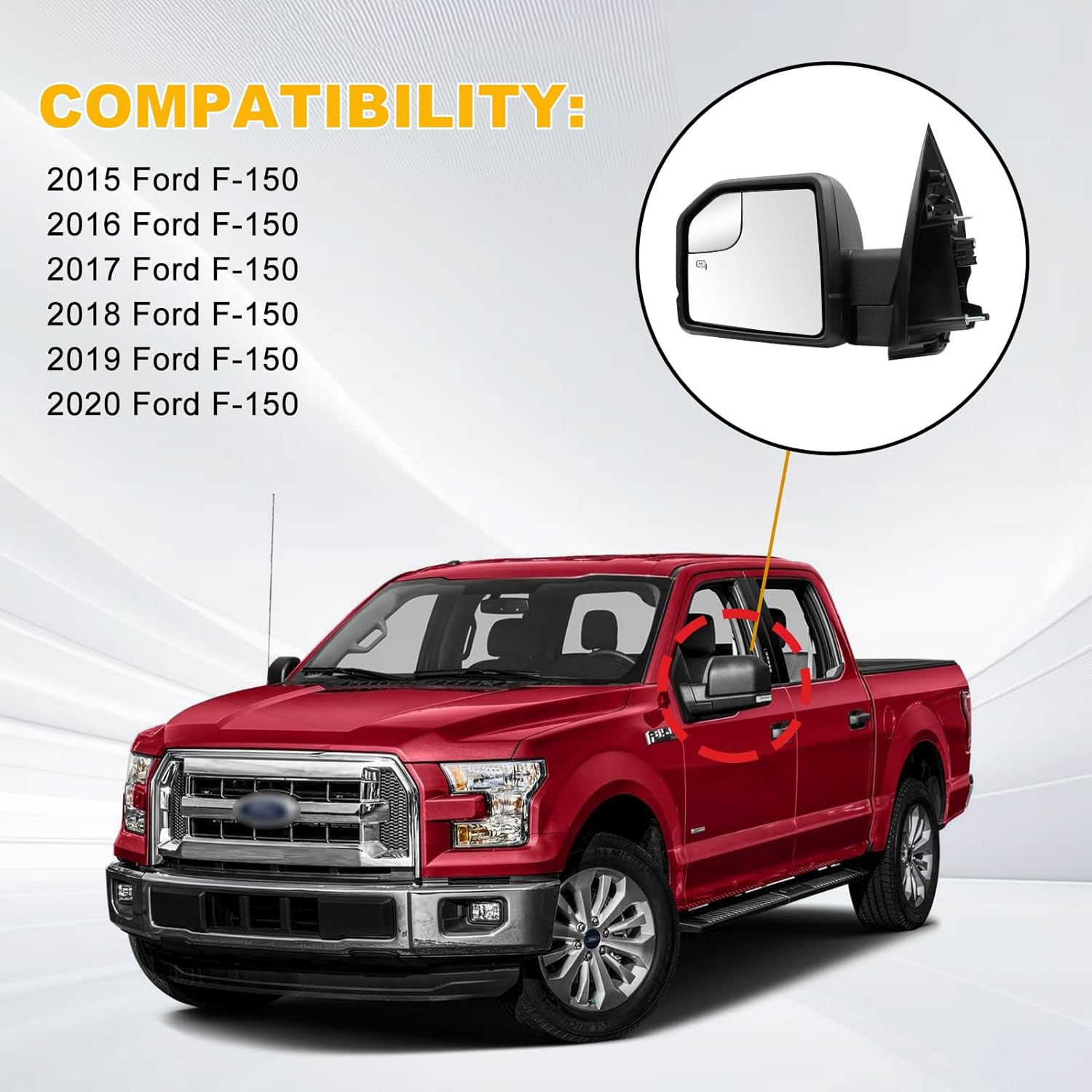 Driver Side Mirror Replacement for Ford F150 2015-2020, Original Factory Style Left Door Power Mirrors with BLIS, Turn Signal Light, Puddle Light, HD Wide Angle Rear View Mirrors, 8 Pins