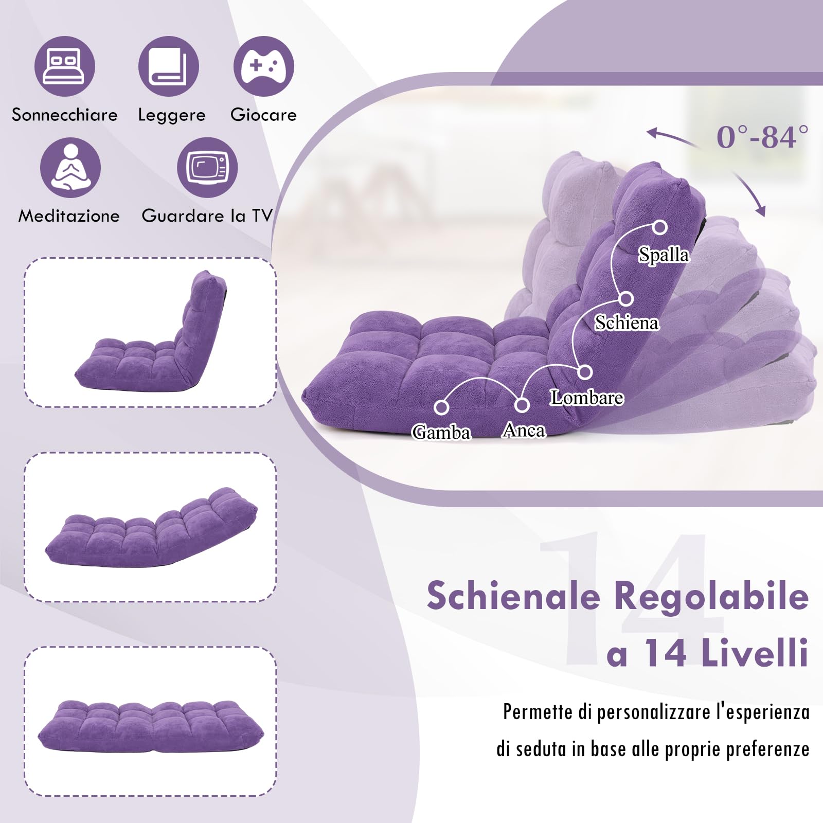 RELAX4LIFE Sedia da Terra in Velluto, Sedia Pieghevole Relax con Schienale Inclinabile in 14 Livelli, Poltrona Imbottita e Portatile Salvaspazio per Soggiorno e Camera da Letto (Viola 105×56×15cm)