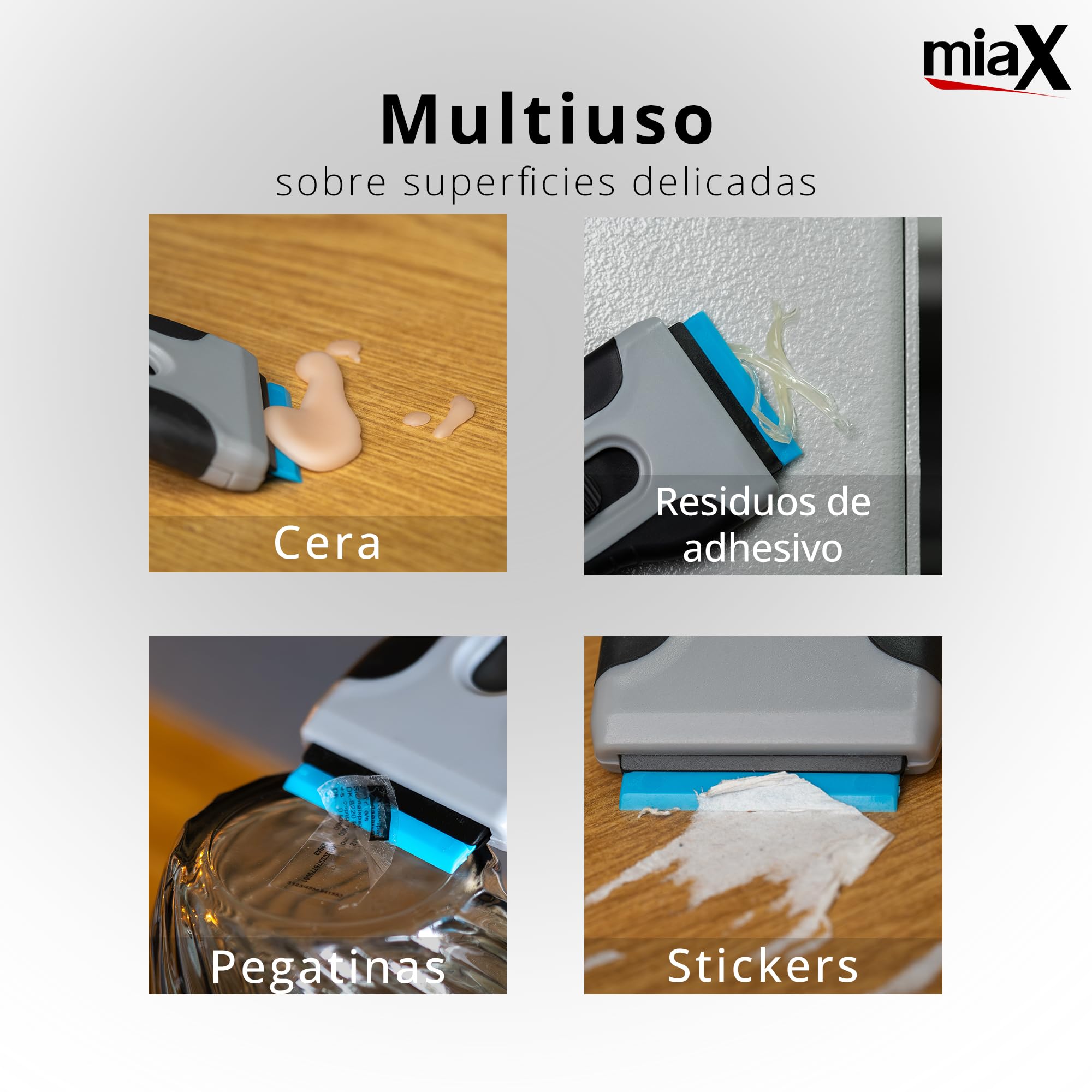 miaX Rasqueta Vitrocerámica con Compartimento y 20 Cuchillas | 15 cuchillas metálicas, 5 cuchillas plásticas, placa de inducción, horno, mango antideslizante