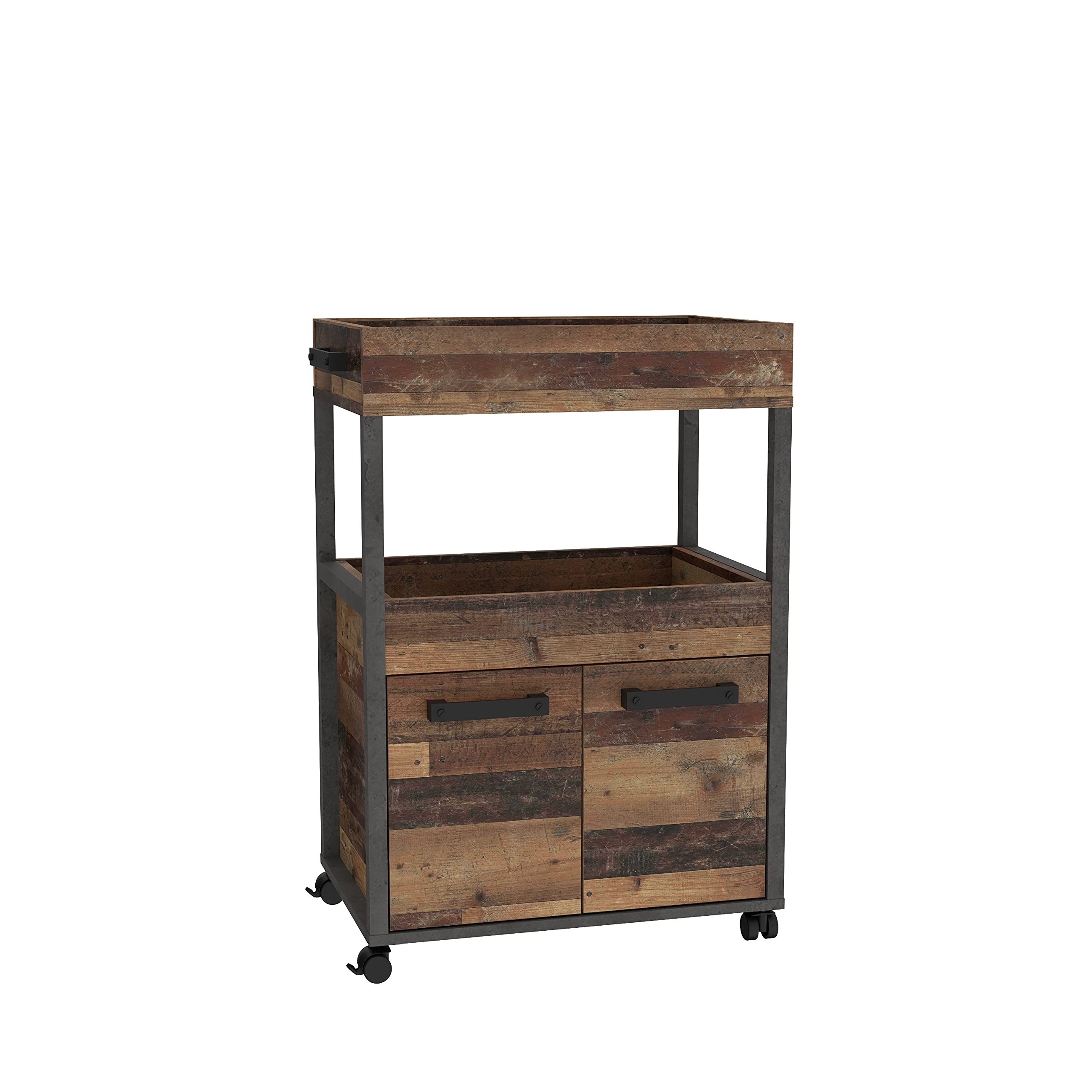 FORTE HOME BAR Barschrank mit Rollen und 2 Türen, Holzwerkstoff, Old Wood Vintage / Betonoptik Dunkelgrau, 60 x 88.5 x 40 cm