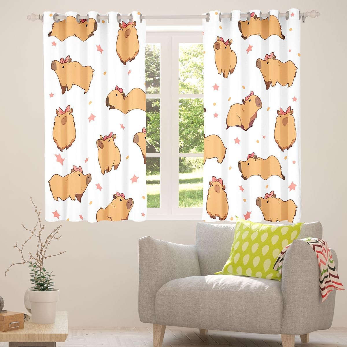 Feelyou Capybara Blackout s White Brown Darkening Drapes for Bedroom Living Room Decor Pink Bow Accent Thermal Insulated Shades Cute Pet Window Treatments, 2 Panels 38 x 45 Inch Watercolor Texture image 4