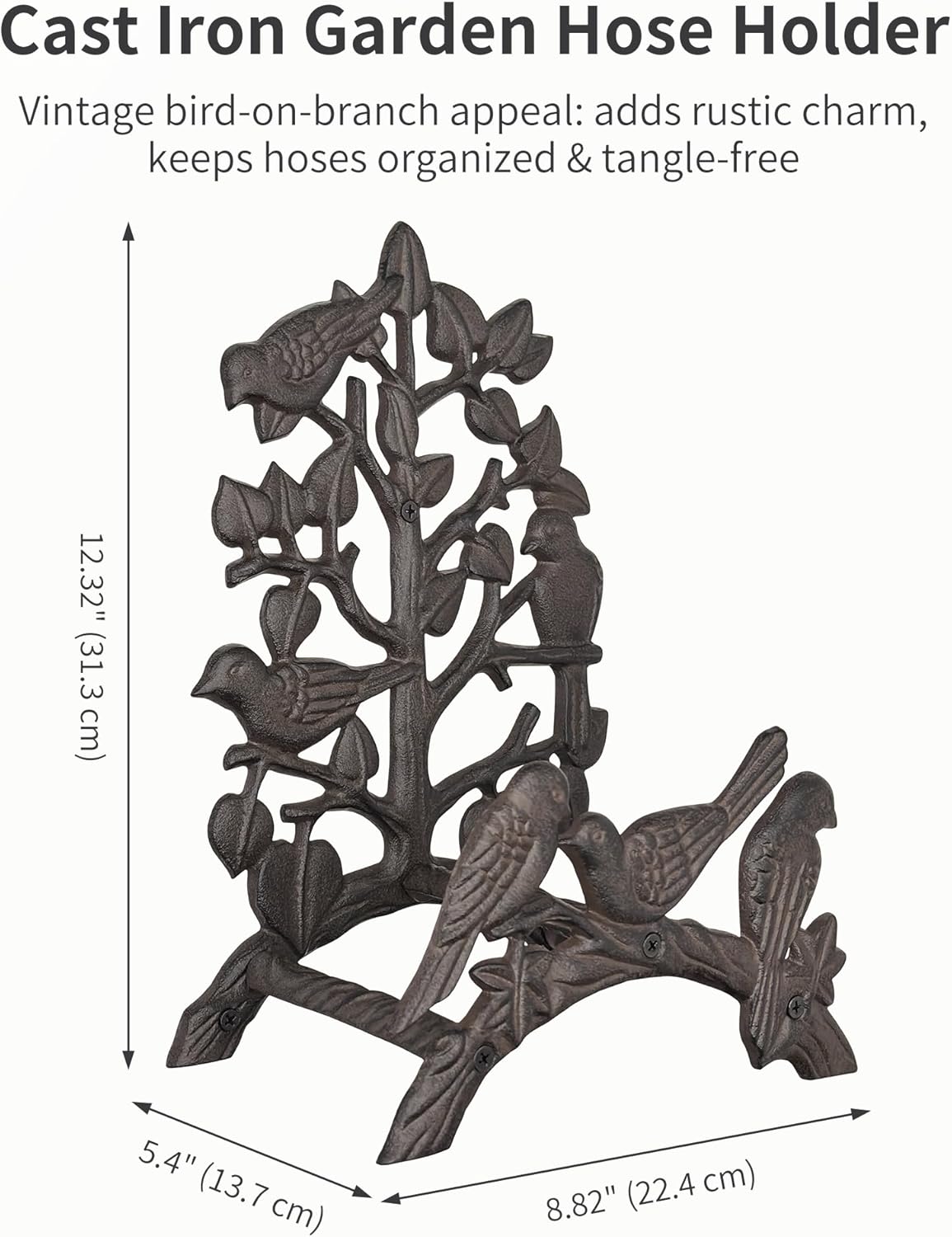 Rustic Cast Iron Garden Hose Holder - Heavy Duty Wall Mount Water Hose Hanger Reel Organizer, Decorative Birds & Branch Design, Vintage Outdoor Garden Yard Patio Storage Rack, Black-Brown