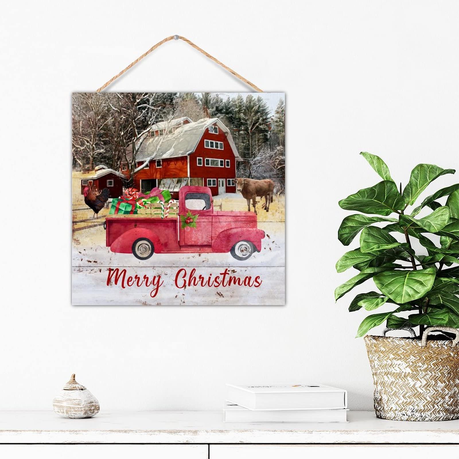 Plaque murale positive en bois noble avec impression camion rouge rétro