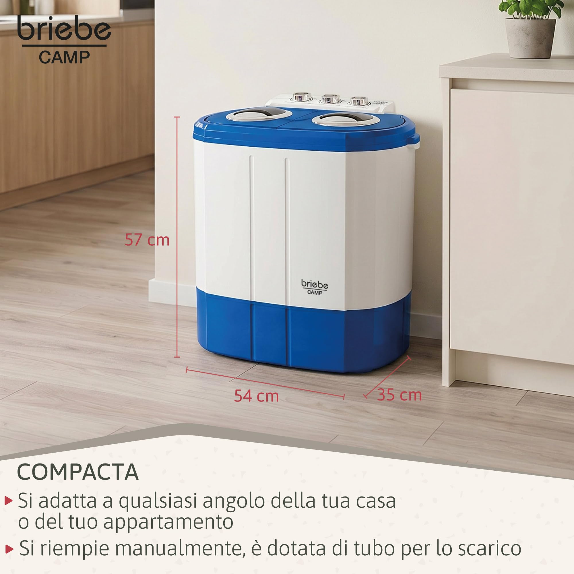 briebe Camp - Mini Lavatrice Portatile con Centrifuga, Campeggio, Capacità 3 kg, Ideale per Viaggi, Roulotte, Camper, 2 Scomparti, Caricamento dall'alto, Nessuna installazione, Blu/Bianco