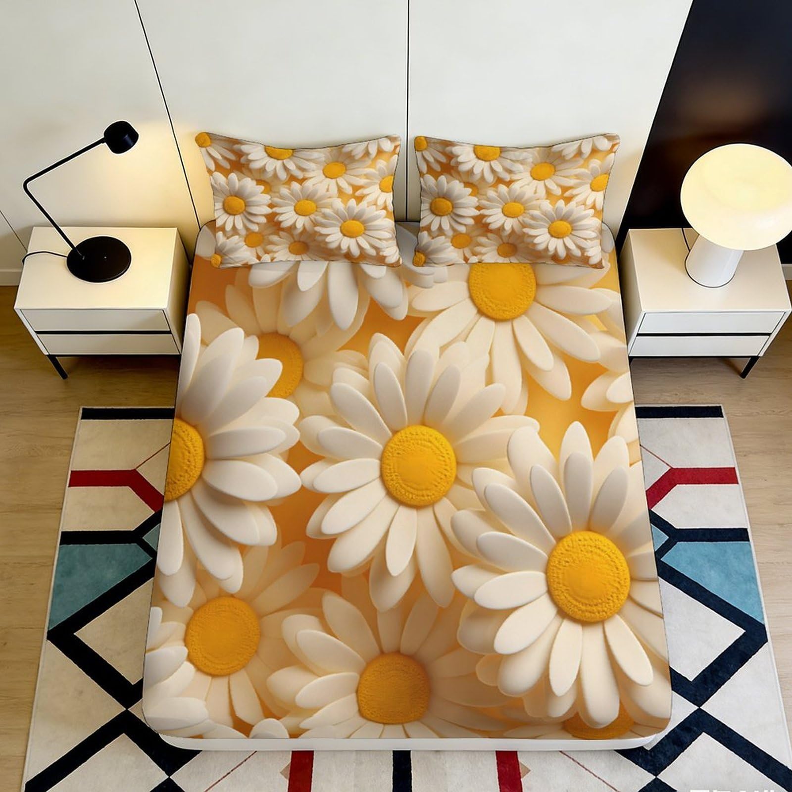 Dhbaneiok Style-3 3D Printed Daisy Blossom Fitted Sheet Microfiber Soft Anti-Slip Sunflower Mattress Cover For Bedroom Guest Room Decor 90X200x25cm