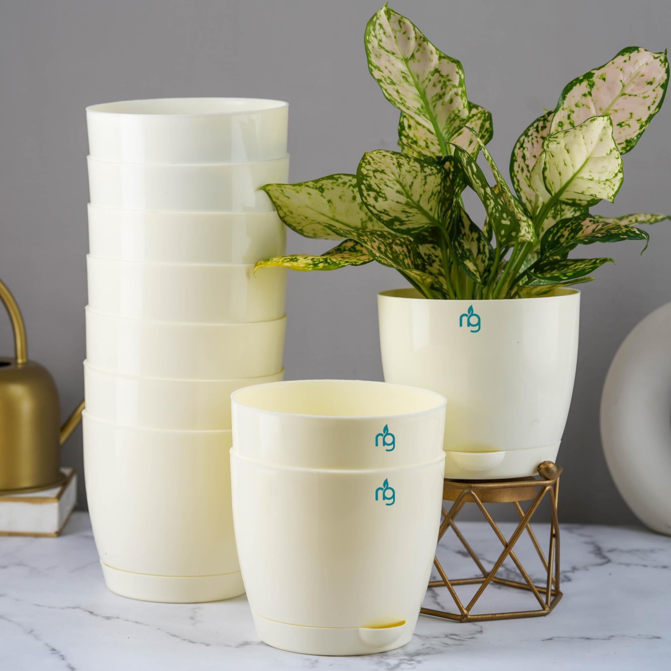 Nurturing Green® Self Watering Pots for Plants, 14cm, Set of 10 (Ivory)