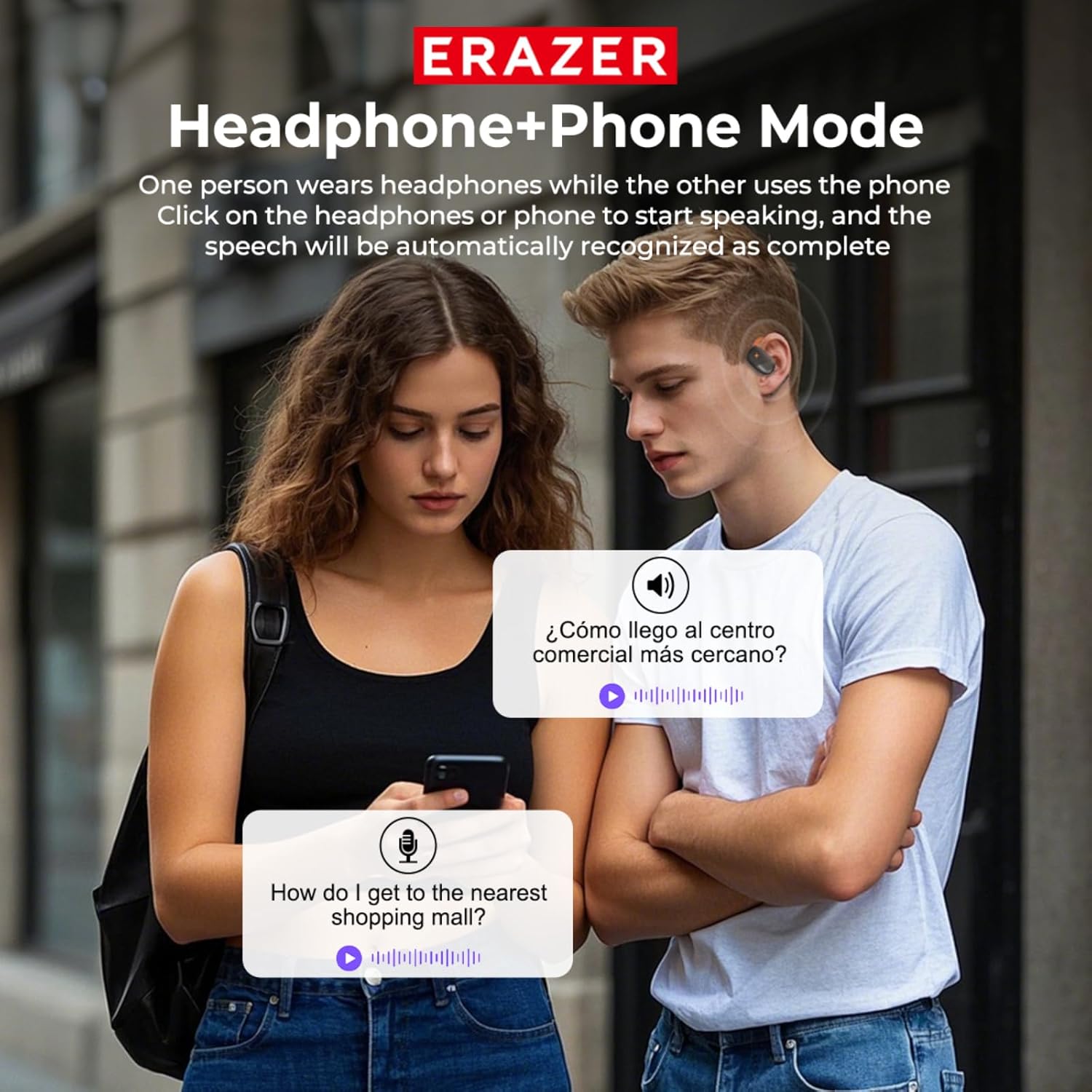 Four different translation modes: Free Talk Mode, Translation Machine Mode, AI Dialogue Mode, and Headphone+Phone Mode, shown with people using the earbuds in various settings.