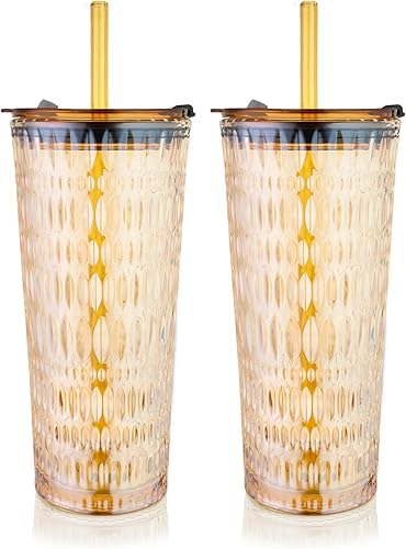 Miniatura 9 de Puraville Paquete de 2 vasos de vidrio de 18 onzas con tapas y pajitas, cristalería engrosada con patrón de glaciar a rayas acanaladas vintage para