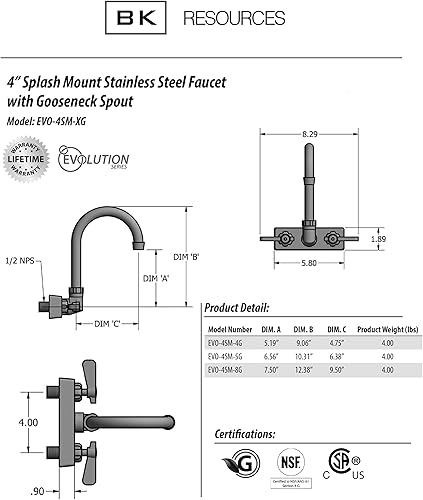 Miniatura 2 de BK Resource s Evolution Series 4" grifo de cocina comercial, 8.0 in diseño de caño de cuello de cisne, NSF, para montar en la paredchapoteo, T-304