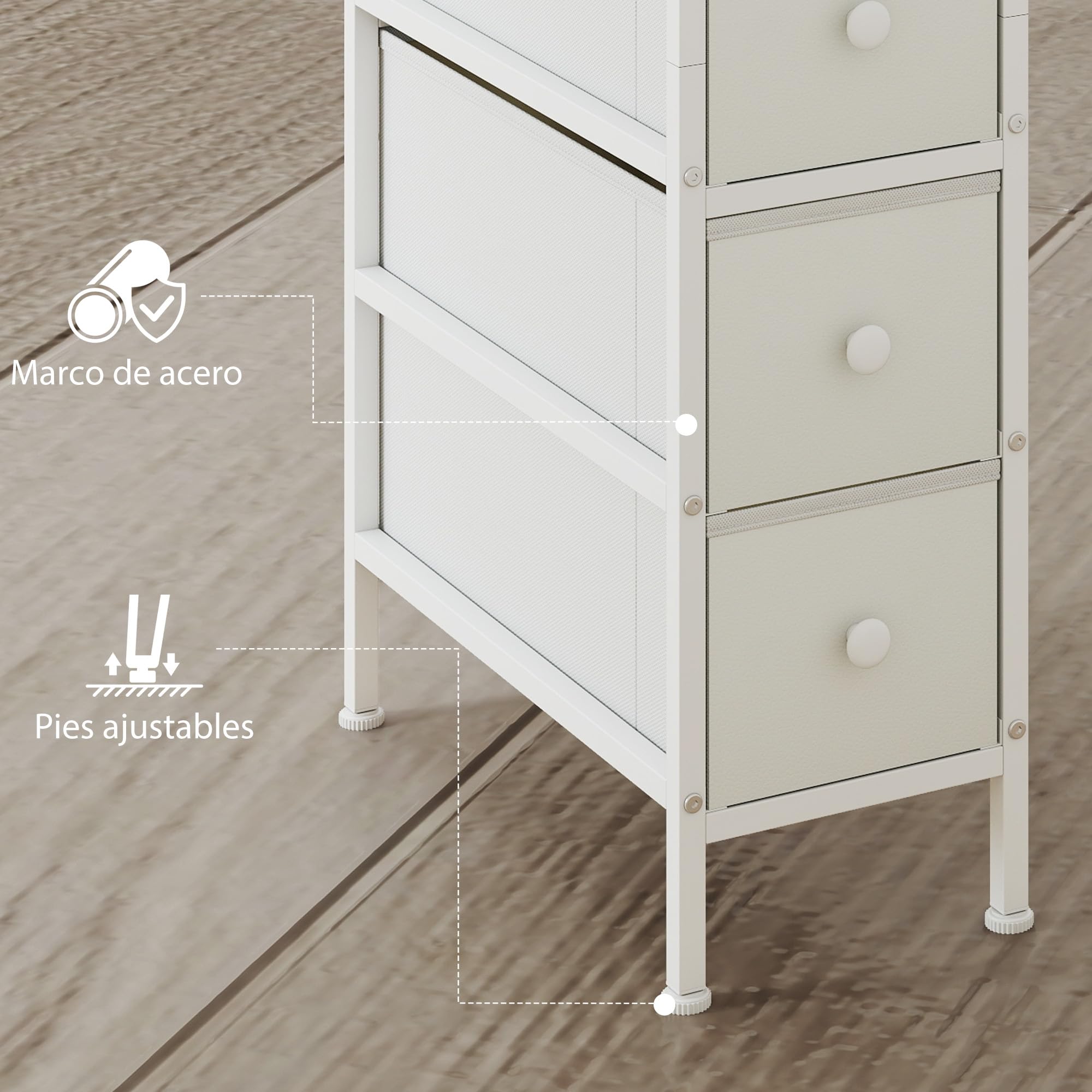 HOMCOM Cómoda con 4 Cajones de Tela, Cómoda para Dormitorio Estrecha con Marco de Acero, Cajonera para Espacios Pequeños, Sala de Estar, Vestidor, Baño, Blanco