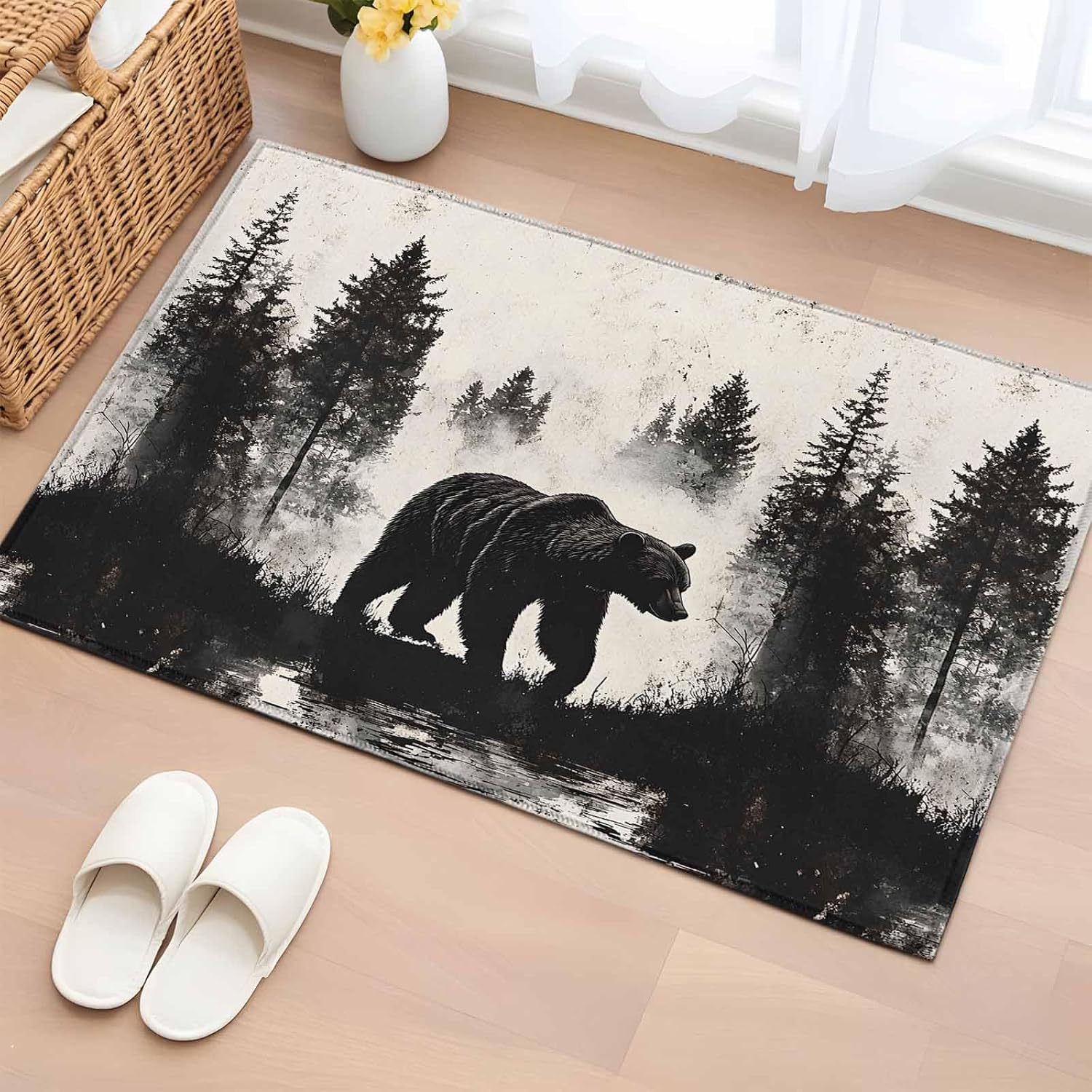 2x3 Door Mat Rug, Black Bear Non-Skid Rubber Backing Large Rectangle Rugs - Living Room Bedroom Home Office, Farmhouse Forest Animals Vintage Indoor Floor Mat Carpets Washable Rug Rectangle:2x3ft Black Tan Brown Oatmeal