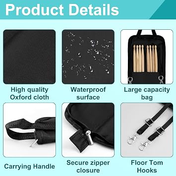 Drum Stick Bag Portable Drumstick Storage Hanging Bag Lightweight Oxford Cloth Drumsticks Holder Backpack Carry Case with Handle for Drumsticks Mallets Beginners in Band (Black)