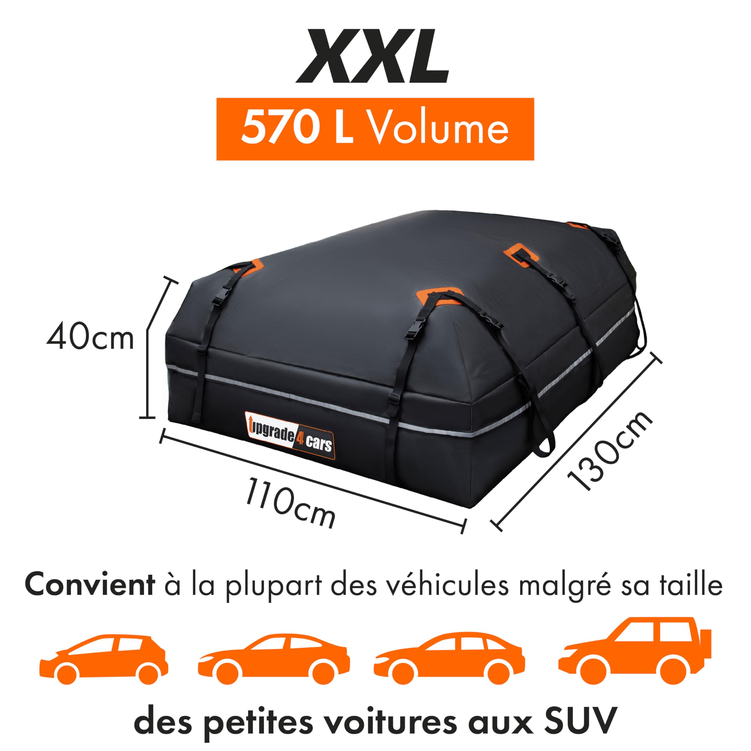 Upgrade4cars Coffre de Toit Voiture 566L sans Barre de Fixation Inclus Accessoires | Sac Porte-Bagage Universel Pliable & Étanche 130 x 110 x 40 cm