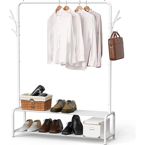 Simple Houseware Garment Rack with Storage Shelves and Coat/Hat Hanging Hooks, White