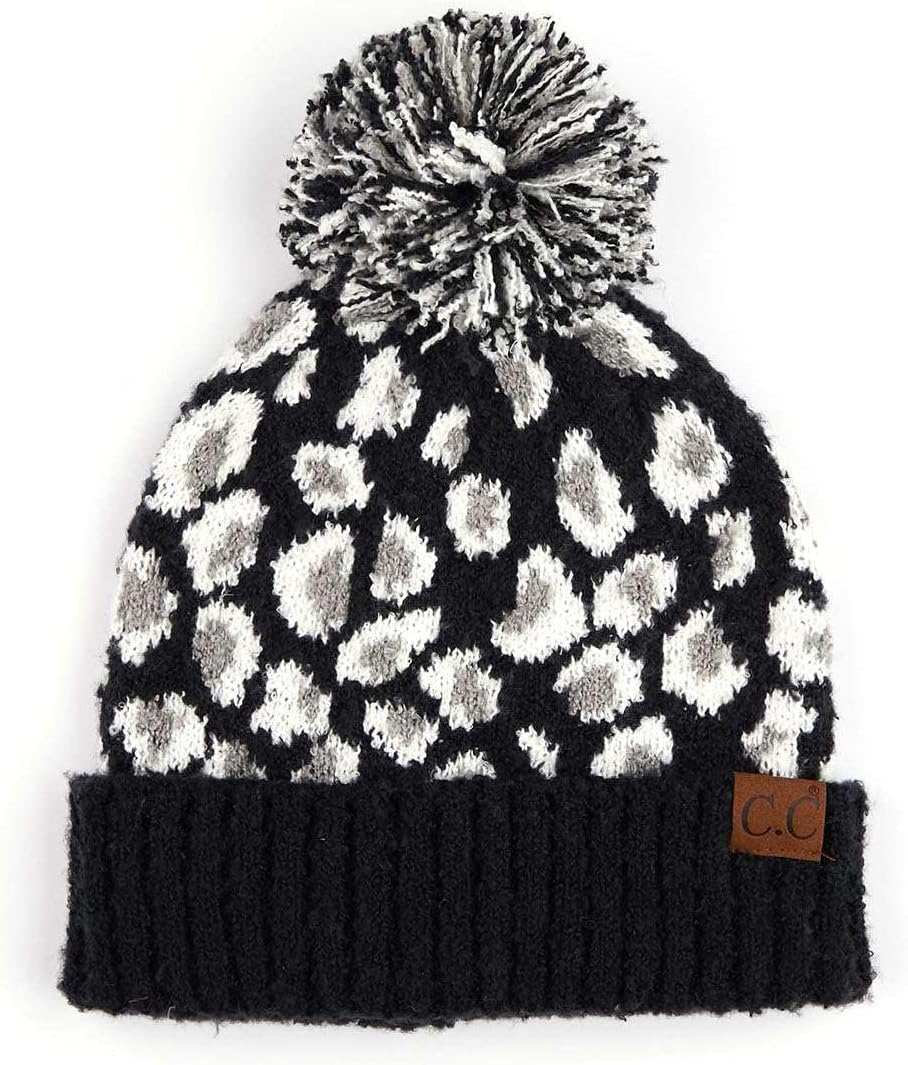 C.C Exclusives Soft Beanie hat with Leopard Pattern and Fur Pom(HAT-7001)(SF-7001)