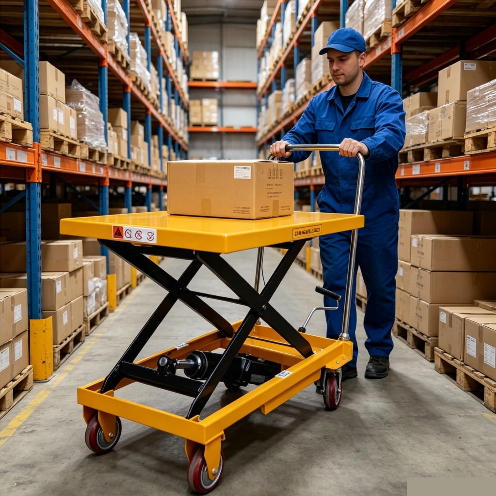 Wózek hydrauliczny z hydraulicznym wózkiem nożycowym Podnośnik ręczny z pojedynczym nożycowym do przenoszenia materiałów żółty(350 kg 1,3 M)